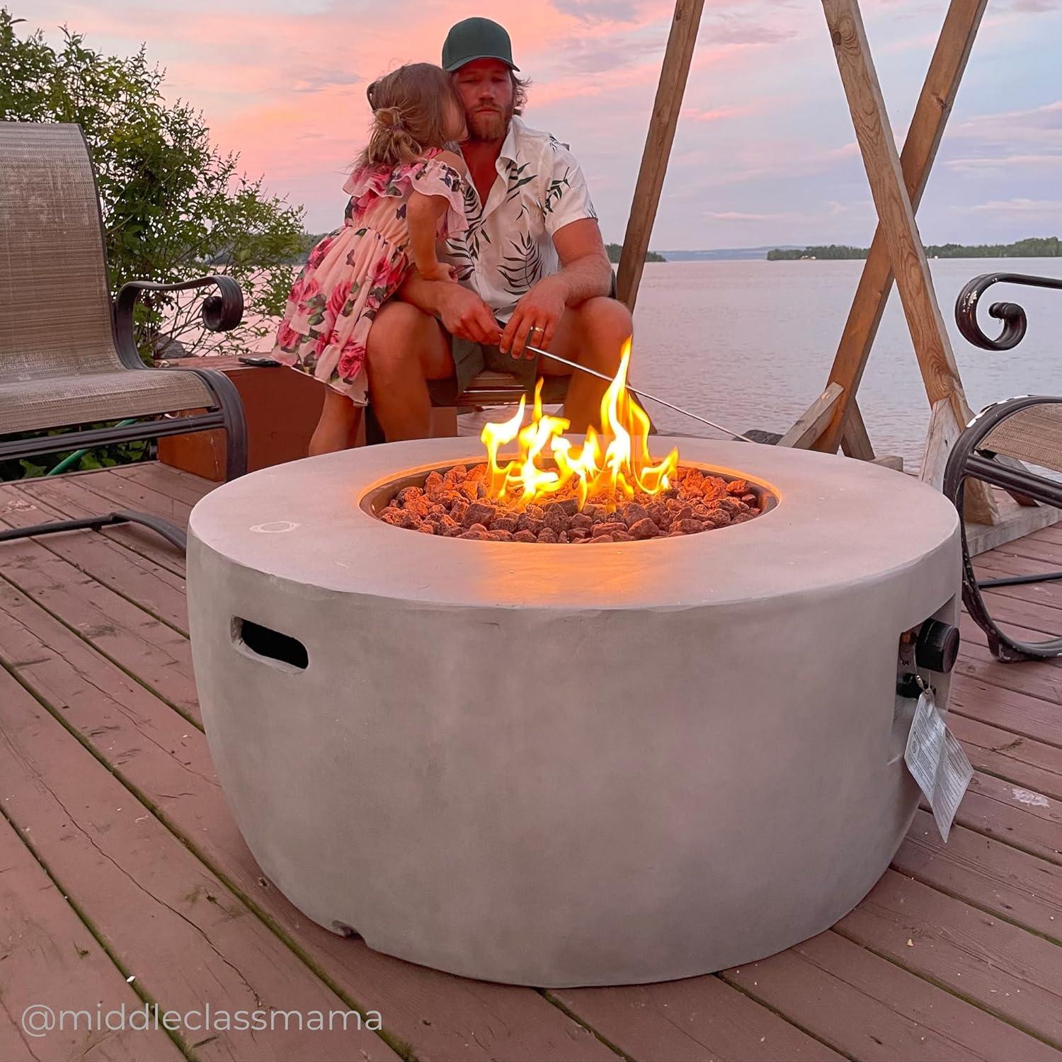 Modern 36" Outdoor Bowl Round Propane Gas Fire Pit with Concrete Base - Teamson Home: Electronic Ignition, 50K BTU, Includes PVC Cover