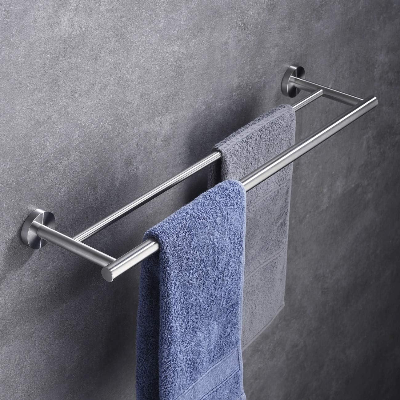 4-Piece Bathroom Accessories Set Brushed Stainless Steel Wall Mount - Includes Double Towel Bar, Hand Towel Rack, Toilet Paper Holder, Robe Hooks, BS100S4-BN