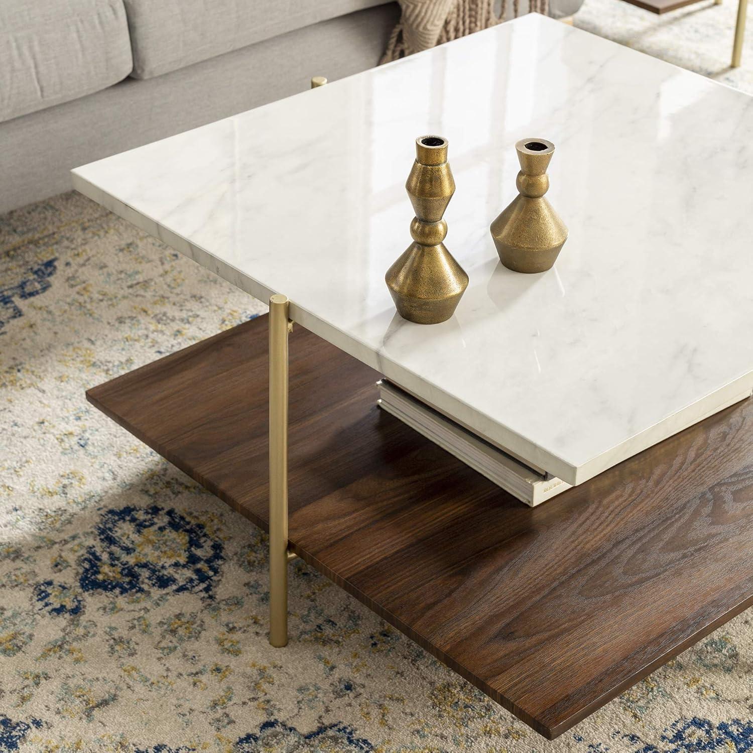 32 inch Square Coffee Table in Faux Marble and Gold