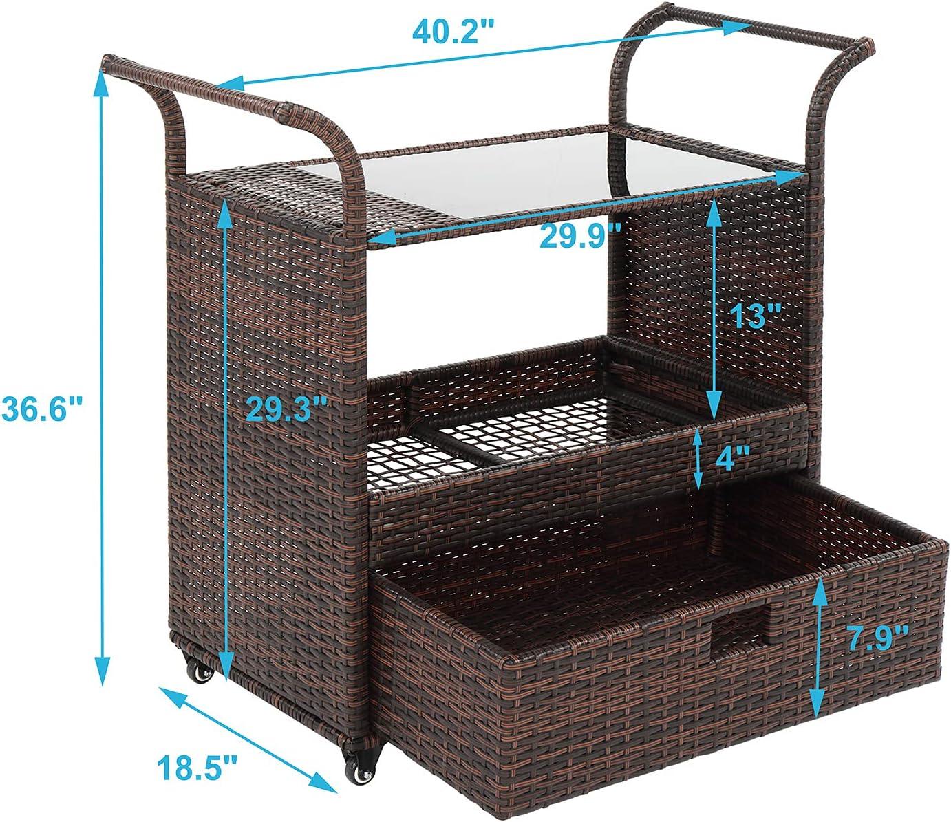 Outvita Outdoor Rolling Wicker Bar Cart, Rolling Rattan Beverage Bar Counter Table with Ample Storage Basket, Drawer and Loakable Wheels Glass Top for Patio Poolside Party