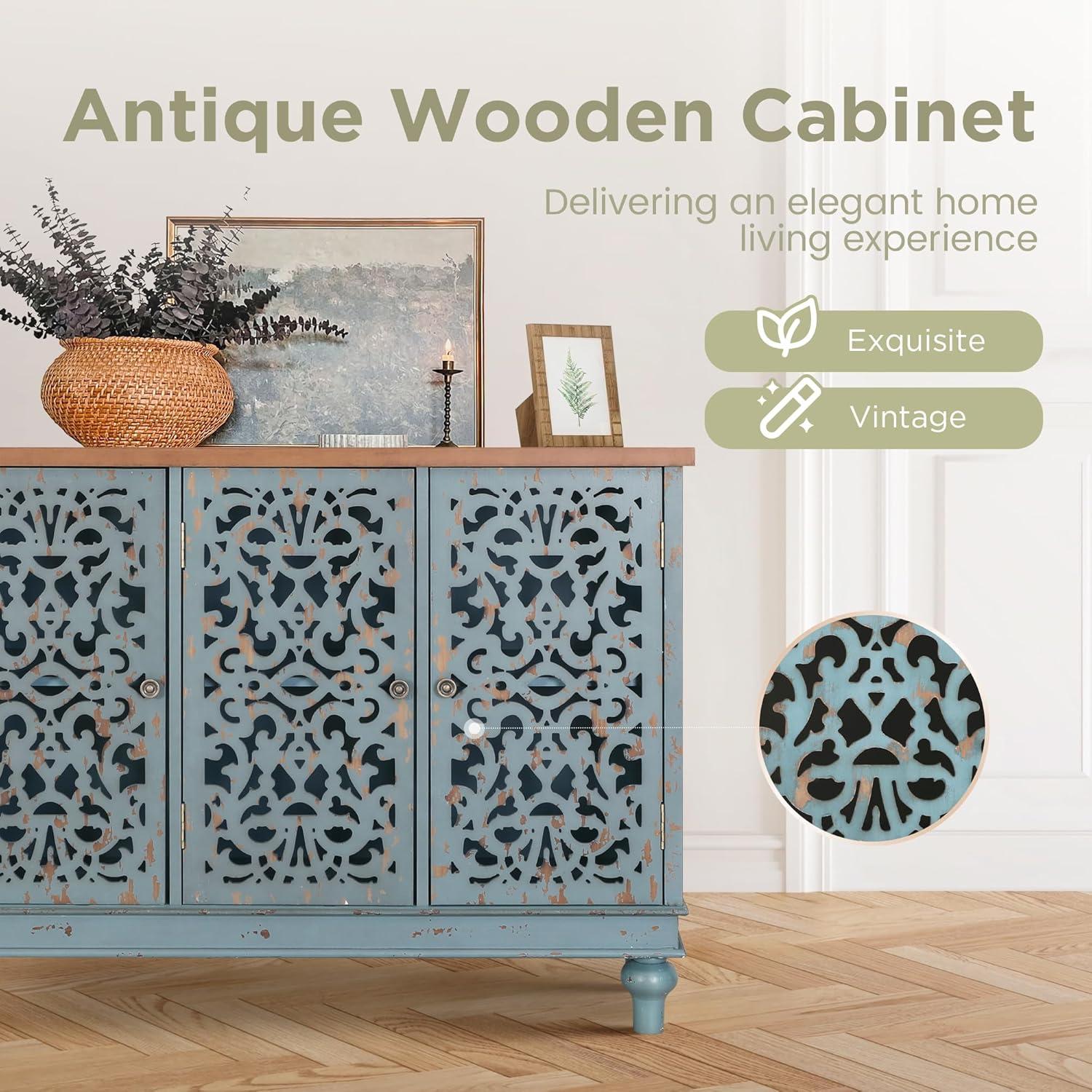 Sophia & William 3-Door Hollow-Carved Sideboard Accent Cabinet for Kitchen, Dining Room, Living Room, Entryway-Blue