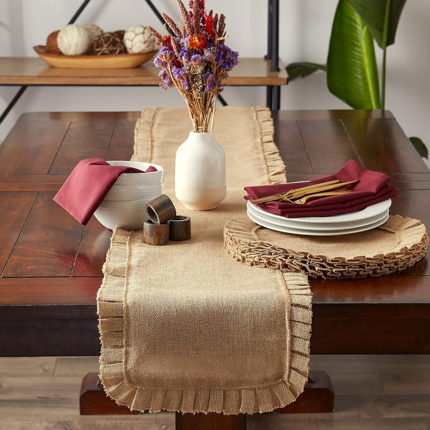 Natural Jute Burlap Round Ruffle Trim Placemat Set of 6