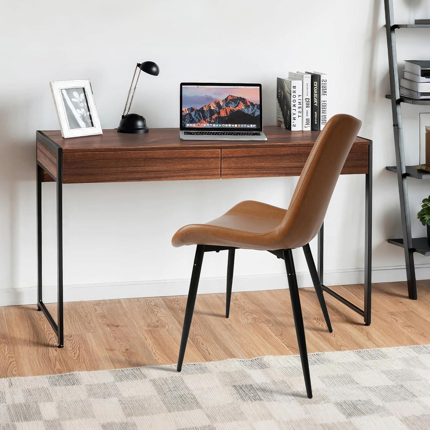 CangLong Modern ‎Faux Leather Dining Chairs, PU Cushion Seat Back, Metal Legs for Kitchen Dining Room Side Chair, Set of 2, Brown