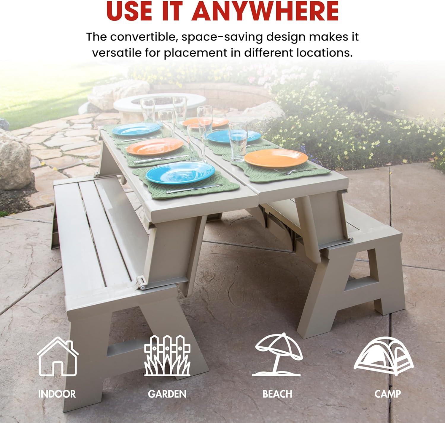 Transformable Tan Outdoor Bench-to-Table Resin Combo