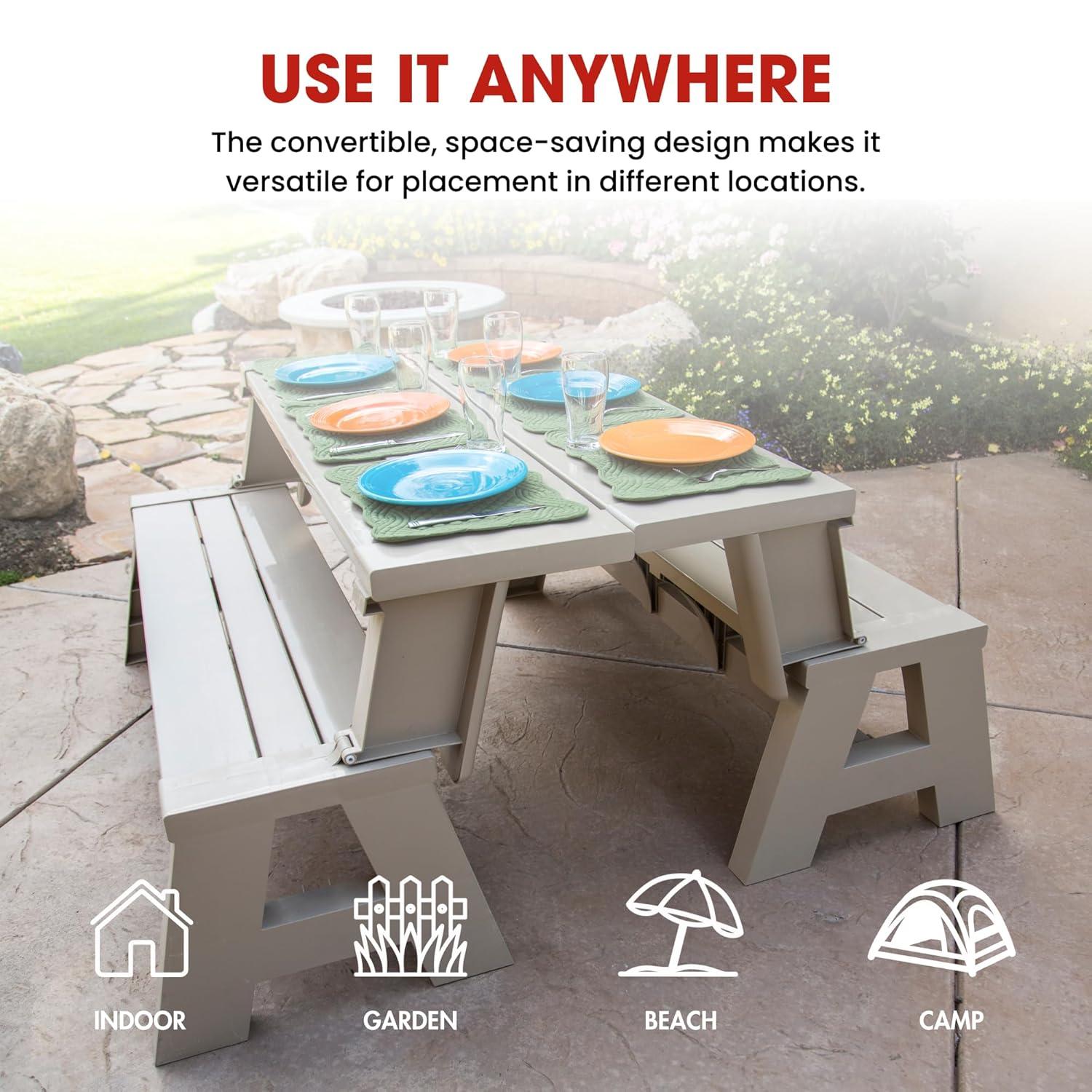 Transformable Tan Outdoor Bench-to-Table Resin Combo