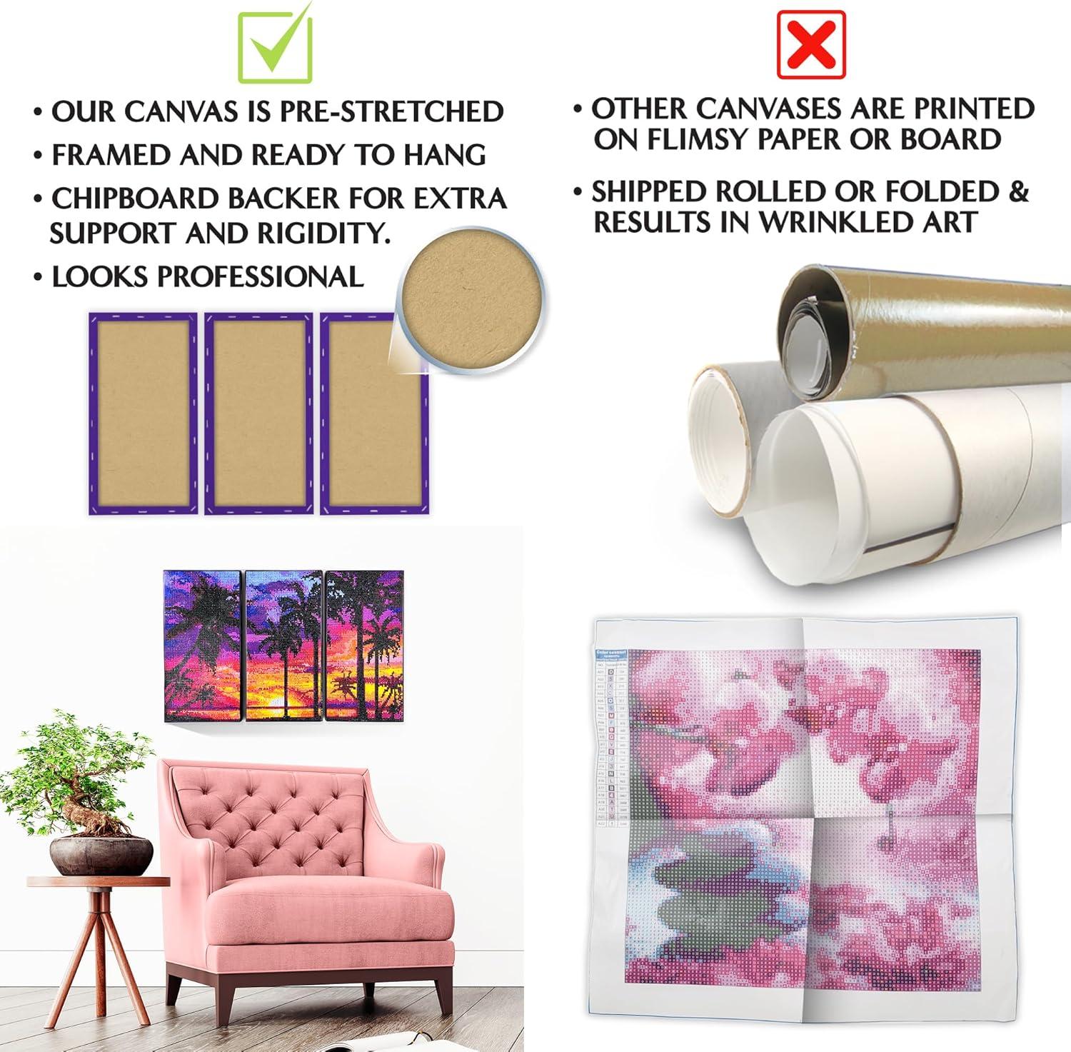 ArtSkills Diamond Painting Kit, Diamond Art Ready to Hang Framed Canvas with Storage and Accessory Kit, Forest, 3 Stretched Canvas Panels, 14” x 7” Each