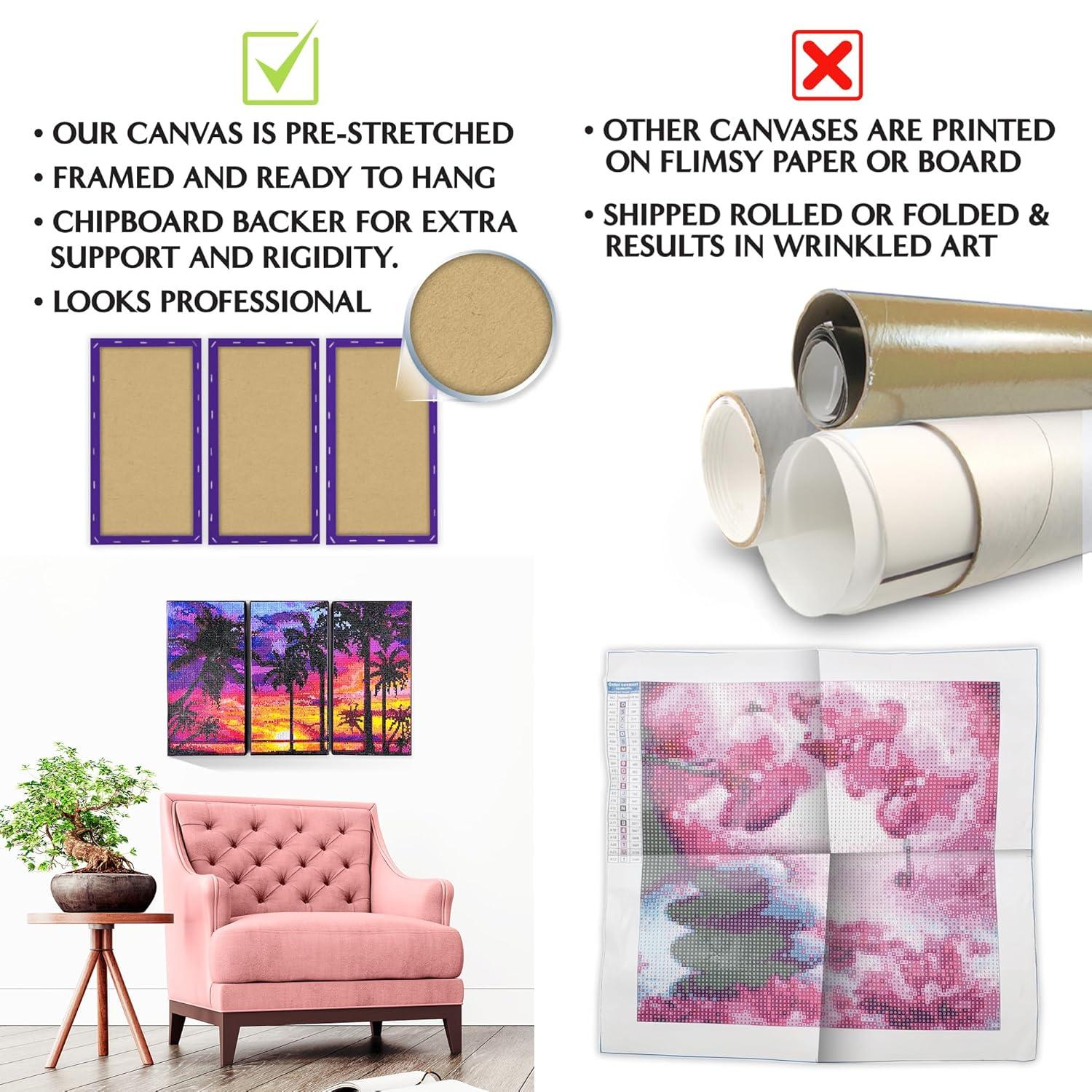 ArtSkills Diamond Painting Kit, Diamond Art Ready to Hang Framed Canvas with Storage and Accessory Kit, Forest, 3 Stretched Canvas Panels, 14” x 7” Each