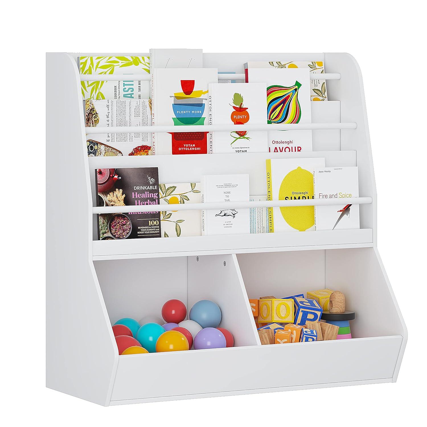 UTEX Kids Bookshelf Toy Organizer with Rolling Toy Box, White, 23.62” W x 11.8” D x 35.43” H