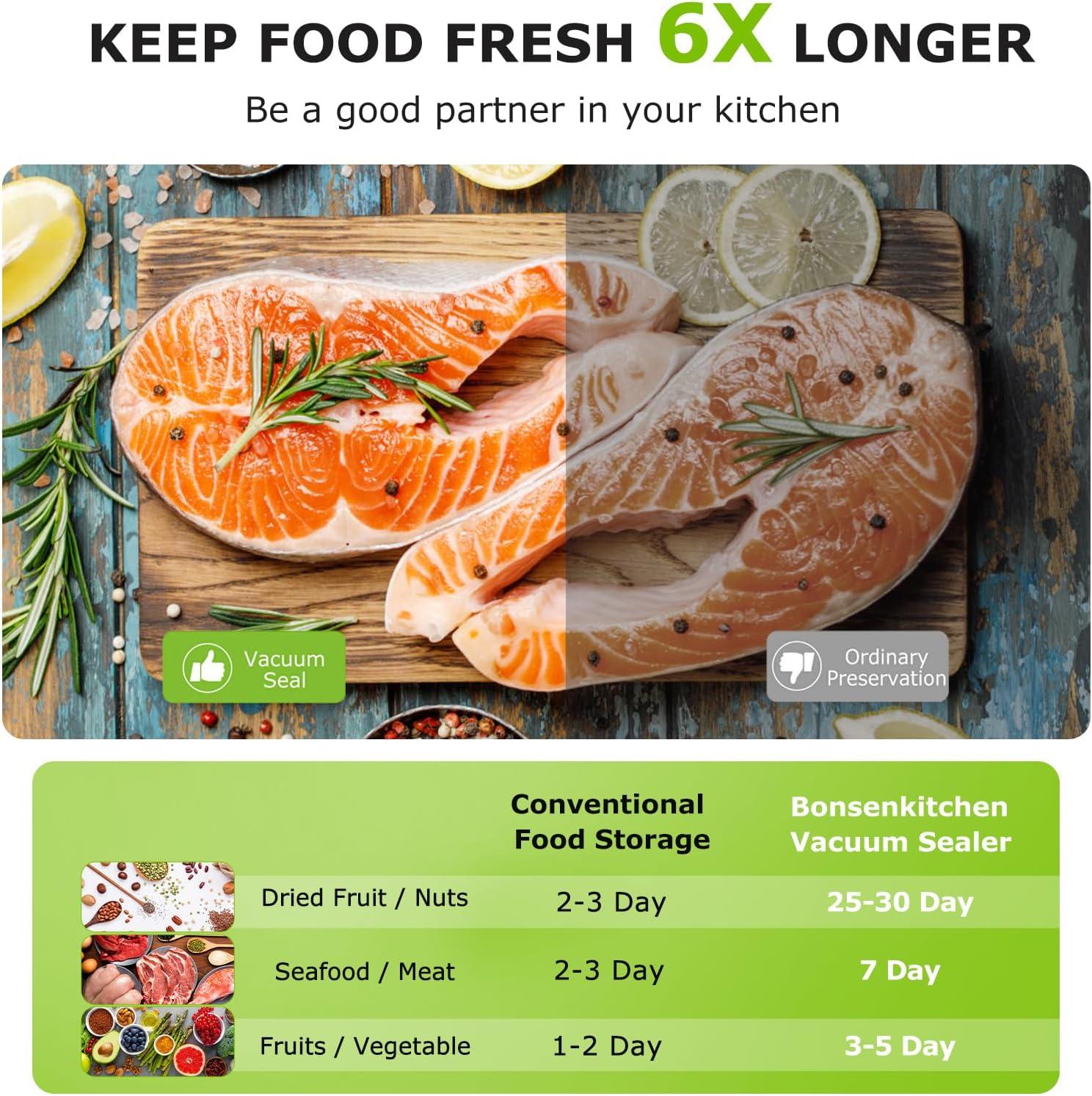 Bonsenkitchen Multi-Functional Food Vacuum Sealer with Globefish Technology for High-Speed Continuous Working, Vacuum Bags & Accessory Hose, Black