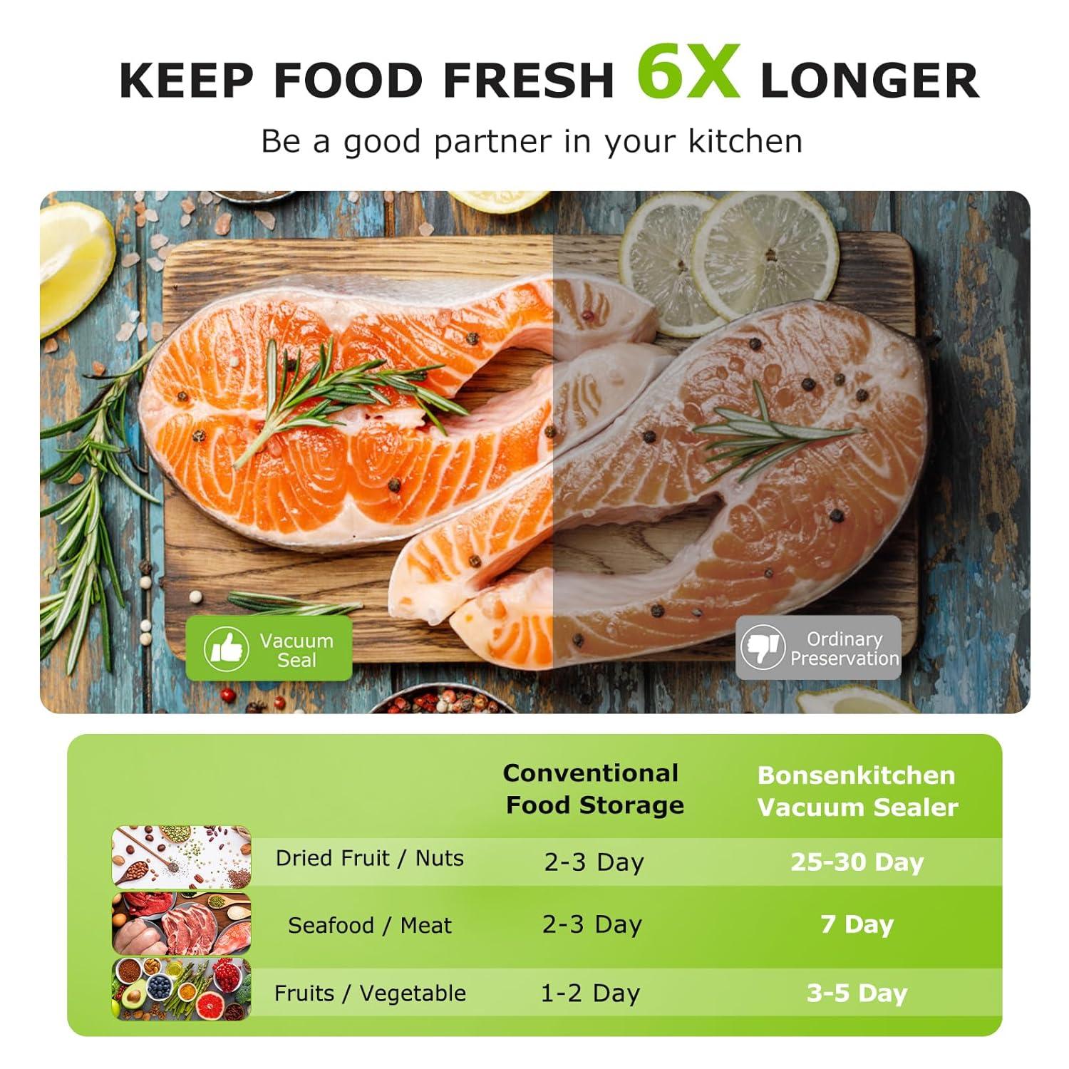 Bonsenkitchen Multi-Functional Food Vacuum Sealer with Globefish Technology for High-Speed Continuous Working, Vacuum Bags & Accessory Hose, Black