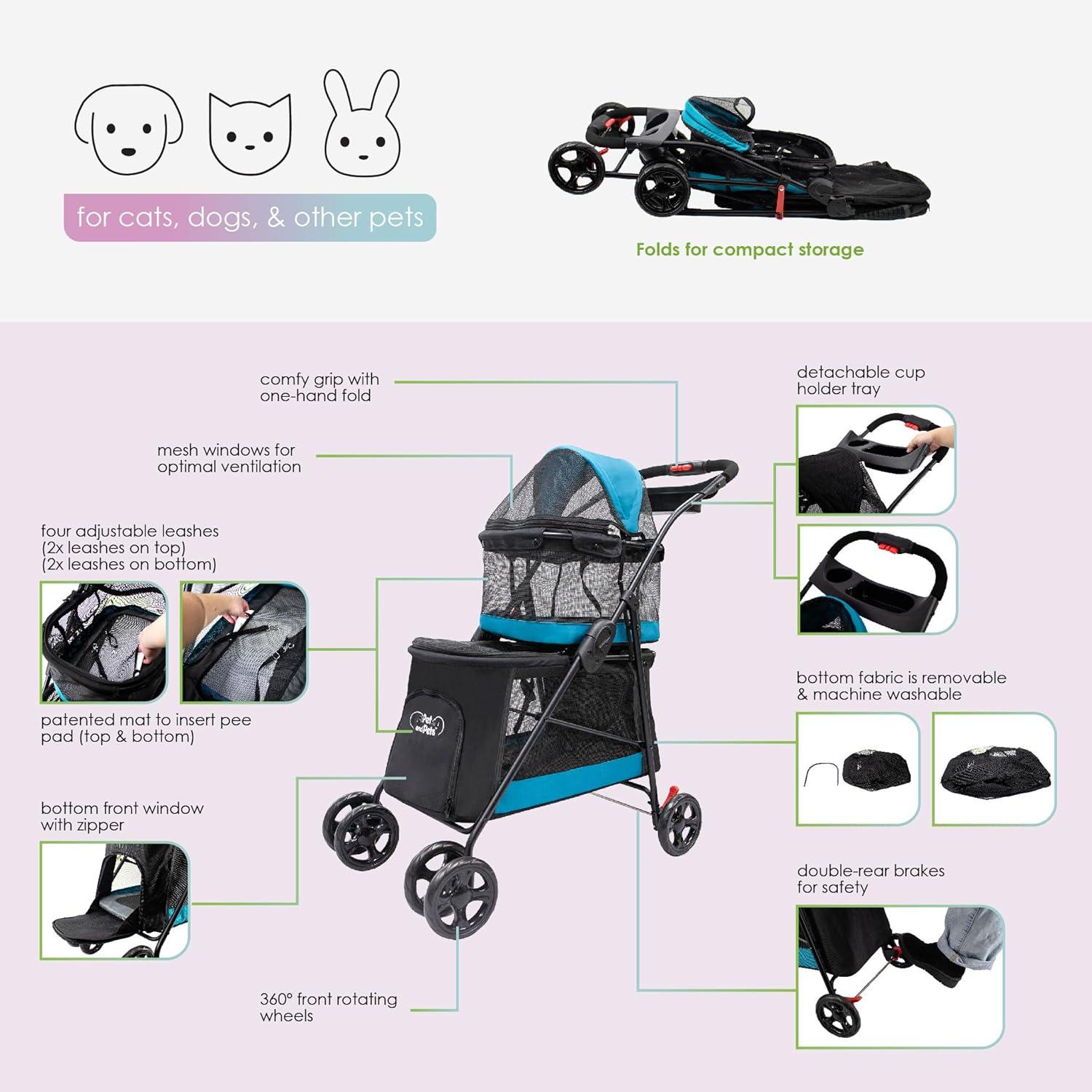 Teal Double Decker Pet Stroller with Mesh Windows