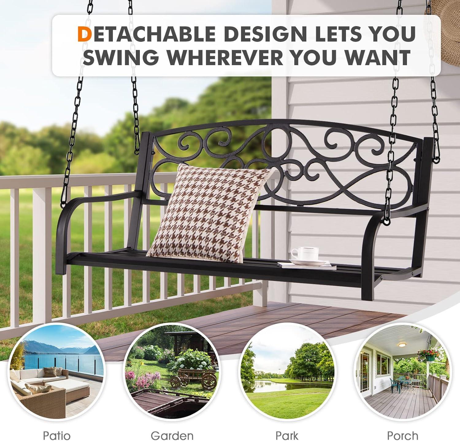 Resenkos Porch Swing, 2-Person Outdoor Porch Metal Hanging Swing Chair with Sturdy Chains-Brown, Hanging Outdoor Porch Swings for Garden, Backyard