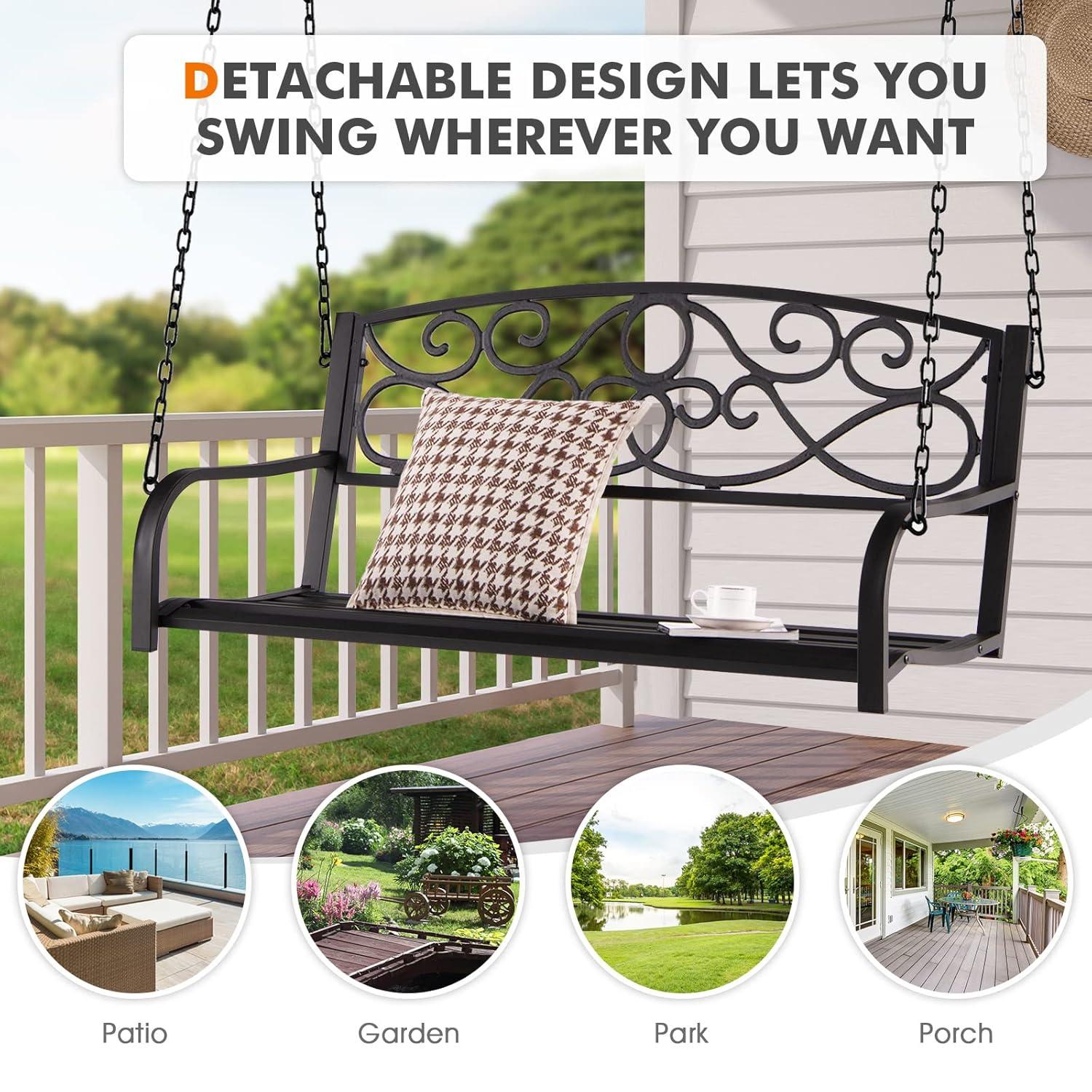 Resenkos Porch Swing, 2-Person Outdoor Porch Metal Hanging Swing Chair with Sturdy Chains-Brown, Hanging Outdoor Porch Swings for Garden, Backyard