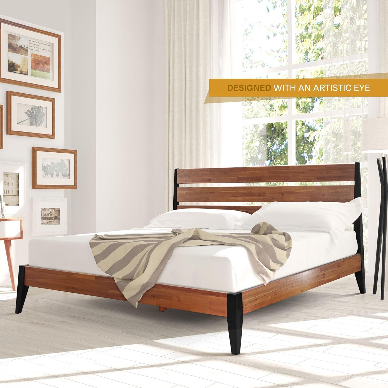 Acacia Premium Emery Solid Wood Platform Bed Frame with Headboard Included, No Box Spring Needed, Weight Capacity 800lb.