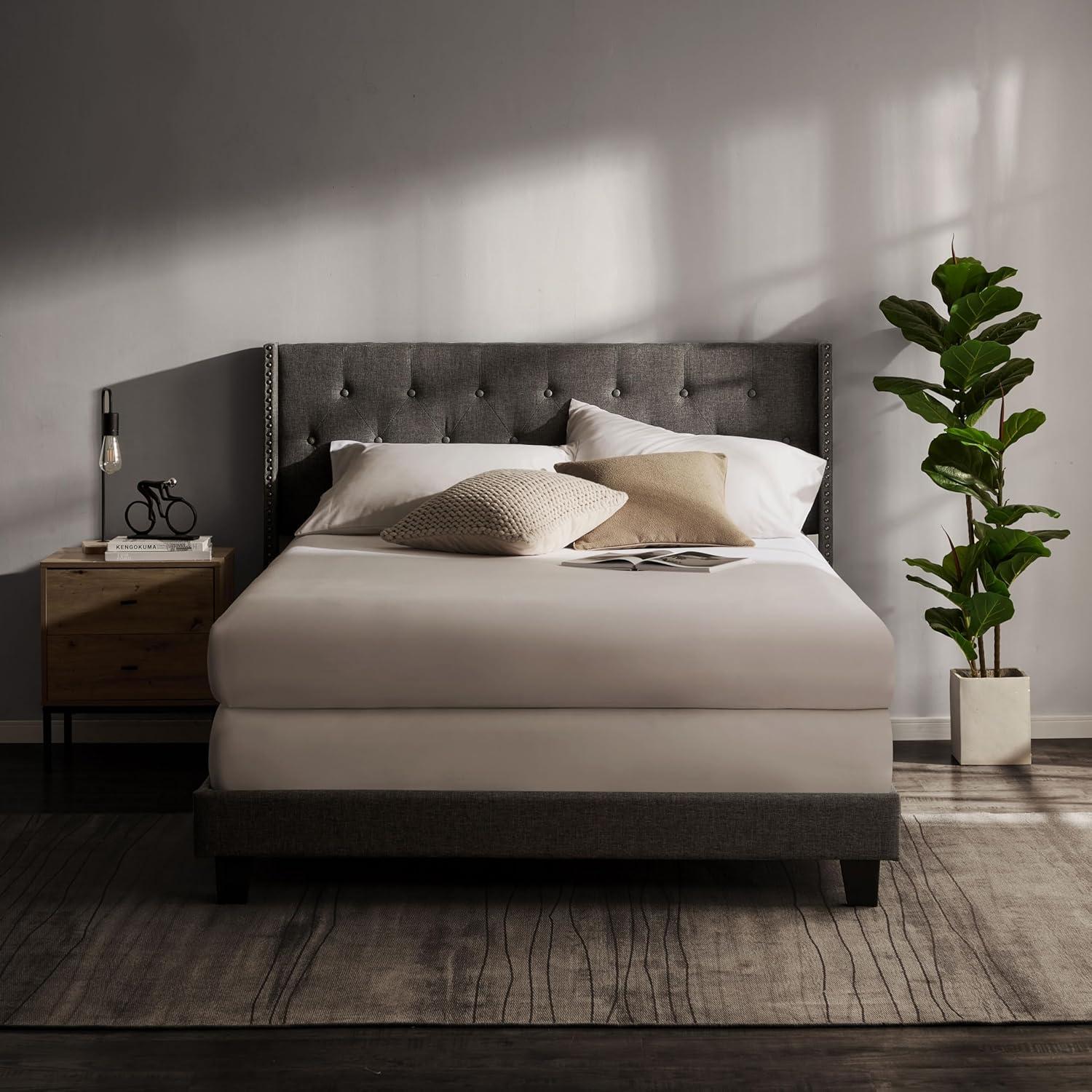 Bryt Wingback Diamond Upholstered Platform Bed, King Size Bed Frame with Headboard - Grey