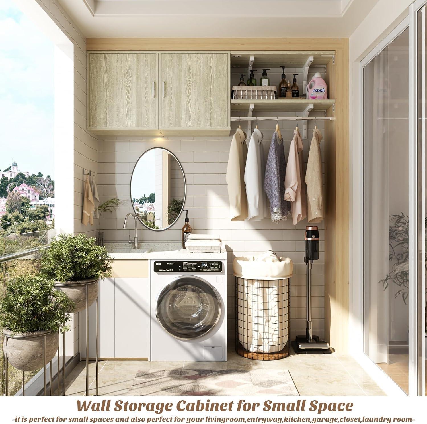 Cyclysio Wall Cabinet with Hanging Rods, 65''W Laundry Cabinet with 2 Doors & Shelves, Reversible Build-in Medicine Cabinet with Shelf Towers, Small Storage Cabinet for Laundry, Bedroom, White Oak