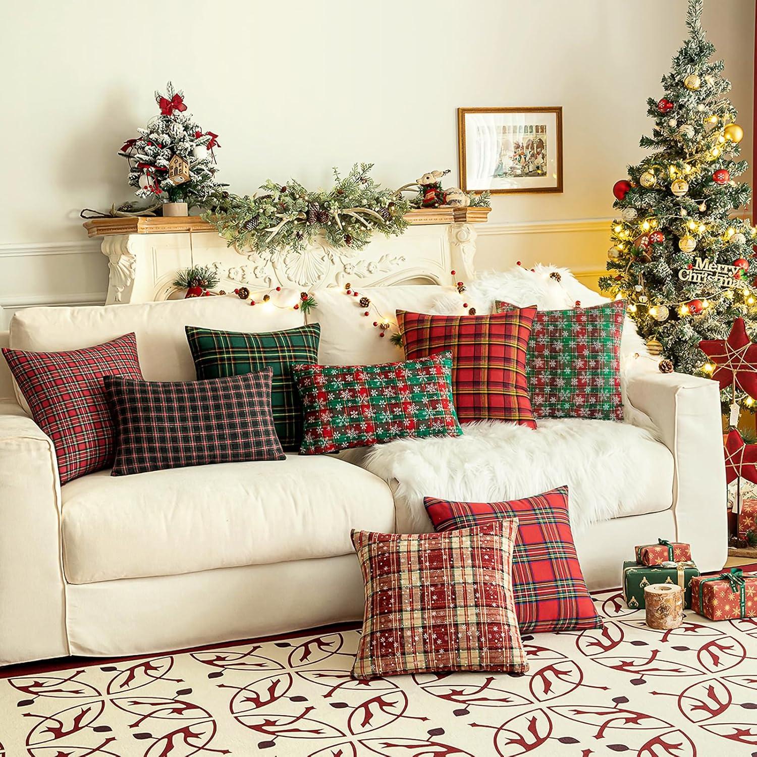 Red and Beige Tartan Plaid Snowflake 18" Polyester Euro Pillow Covers