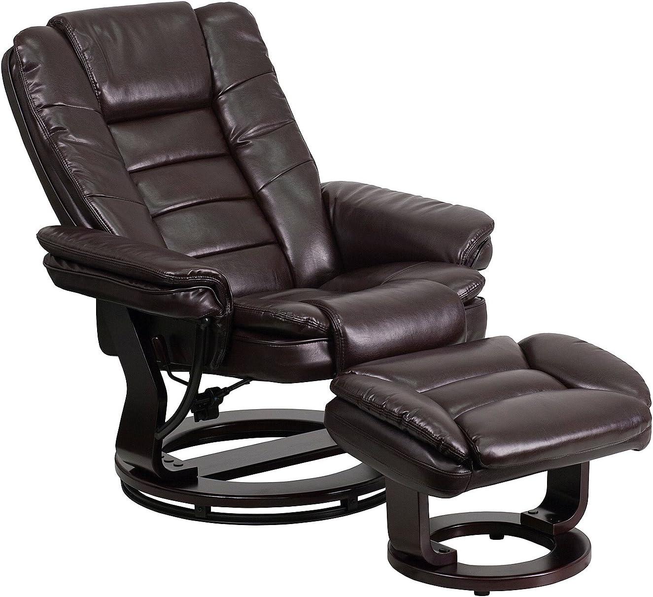 BizChair Contemporary Multi-Position Recliner with Horizontal Stitching and Ottoman with Swivel Mahogany Wood Base in Brown LeatherSoft