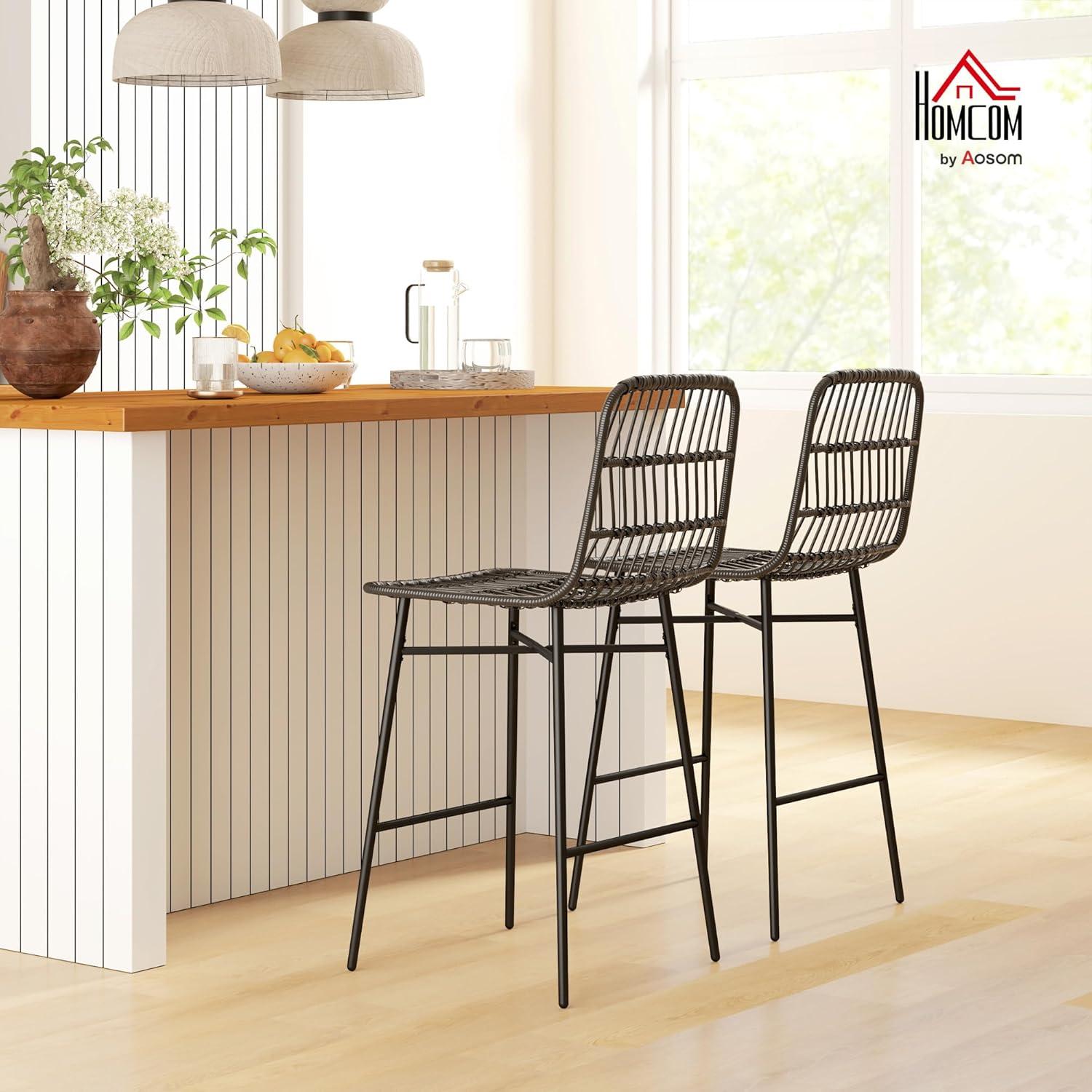 HOMCOM Rattan Counter Height Bar Stools Set of 2 Barstools with Back, Black