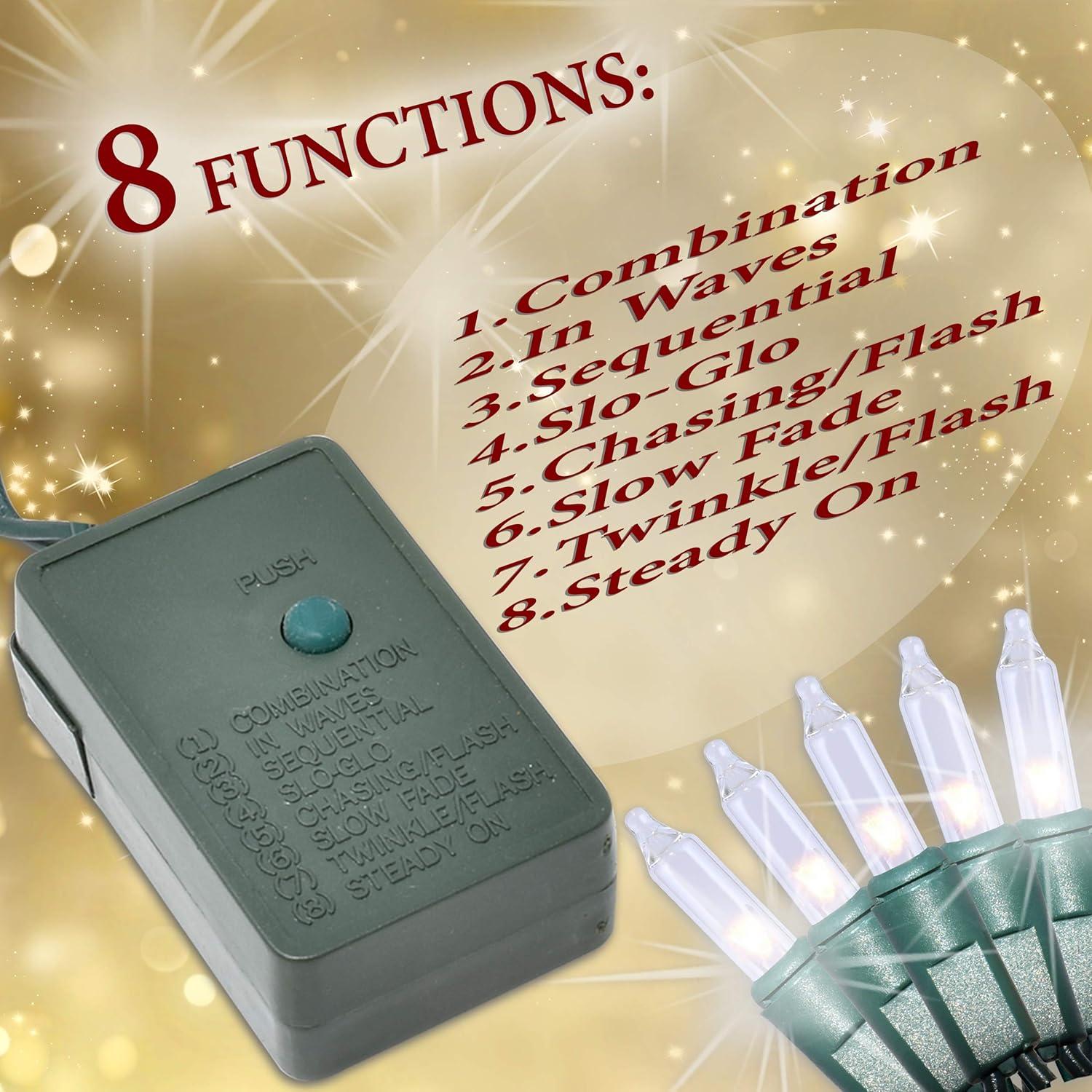 Holiday Essence Chasing Christmas Lights, 8 Function Controller 140 Clear Mini Bulbs Green Wire Indoor String Lights, 31.2 Feet Long Holiday Decor