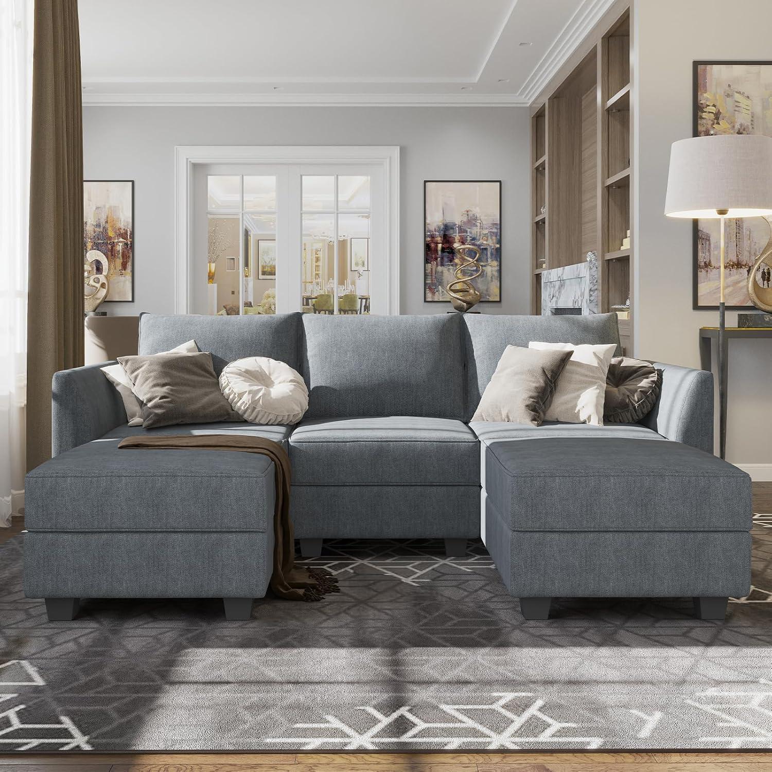 Bluish Grey Velvet Modular Sectional Sofa with Storage and Ottoman