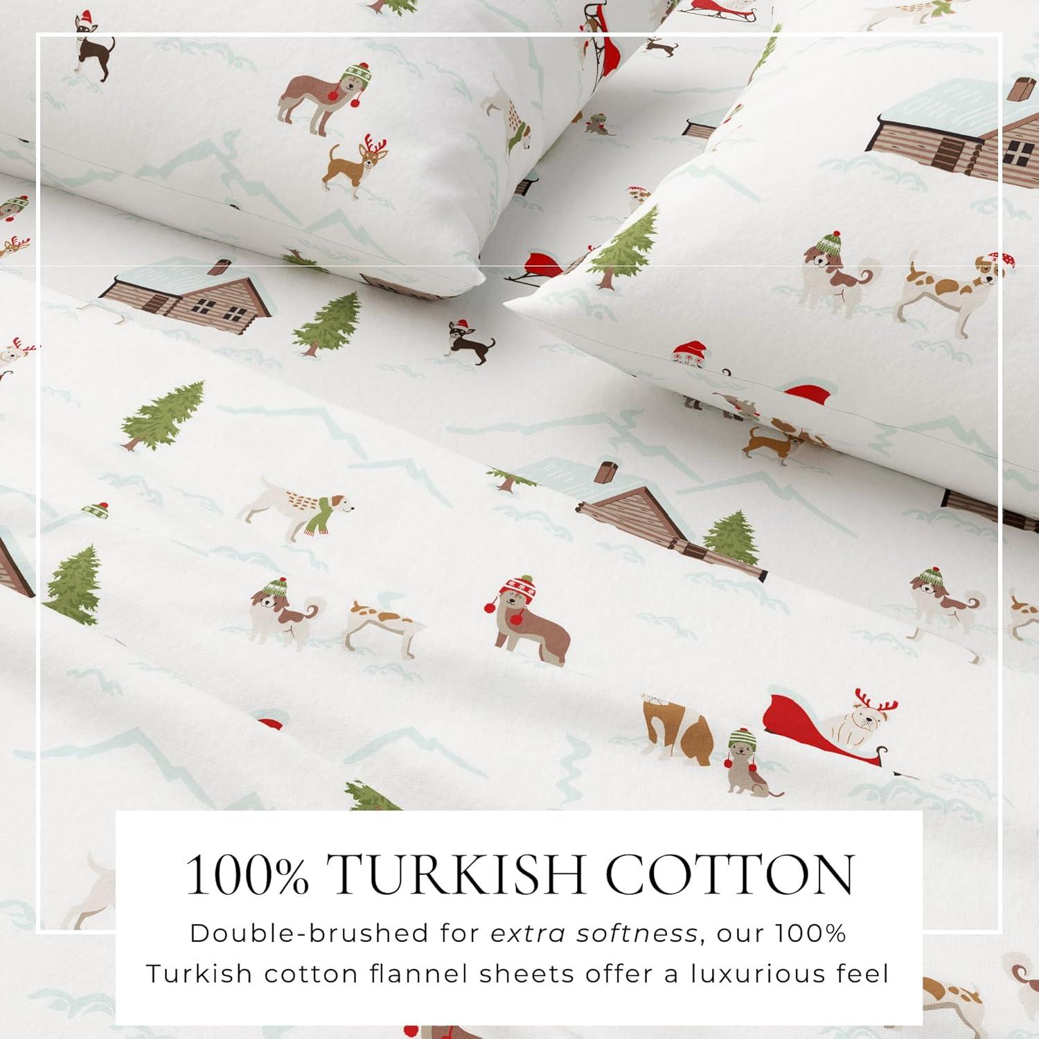 100% Cotton Holiday Flannel Sheet Set - Great Bay Home (Queen, Pups with Hats)