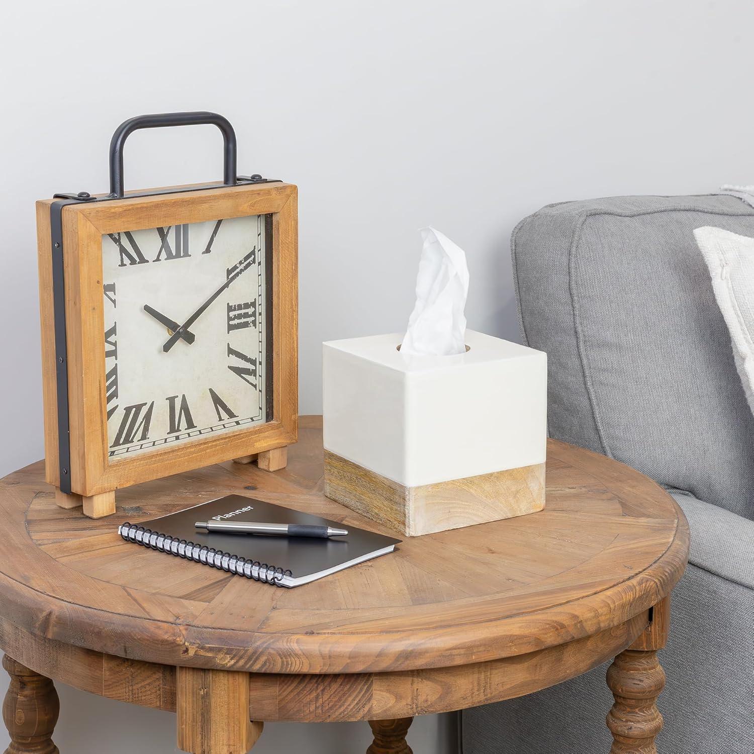 AuldHome Design Square Tissue Box Cover (Enamel/Mango Wood); Minimalist Scandinavian Decor White Cube Tissue Holder