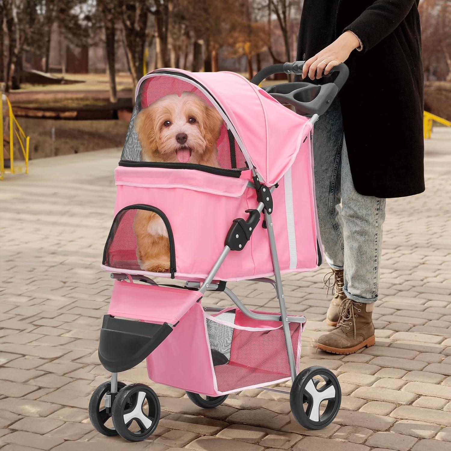 MoNiBloom Pet Dog Stroller with Wheels, Foldable Cat Dog Stroller with Storage Basket and Cup Holder for Small and Medium Cats, Dogs, Puppy, Pink