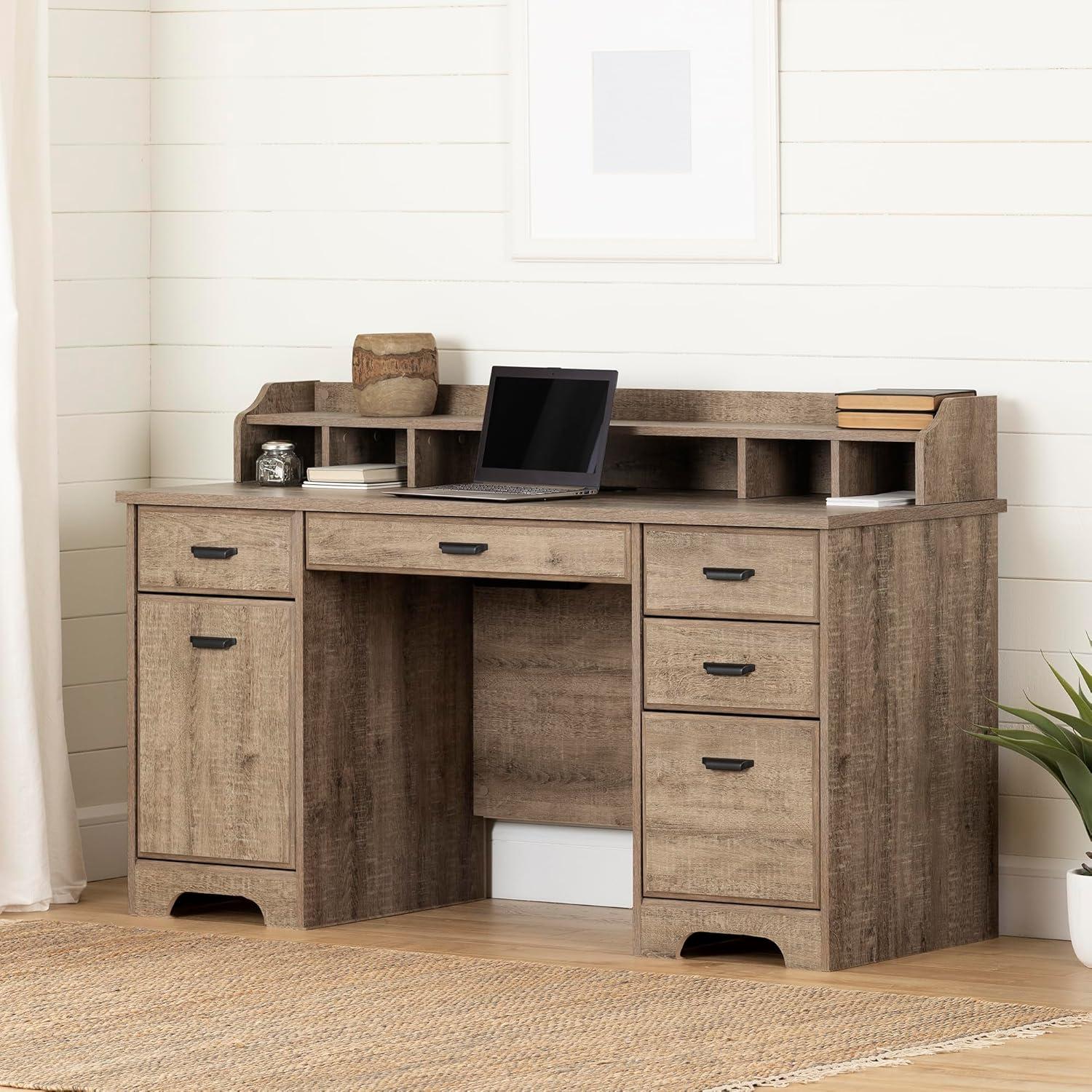 Executive Weathered Oak Computer Desk with Power Outlet and Storage