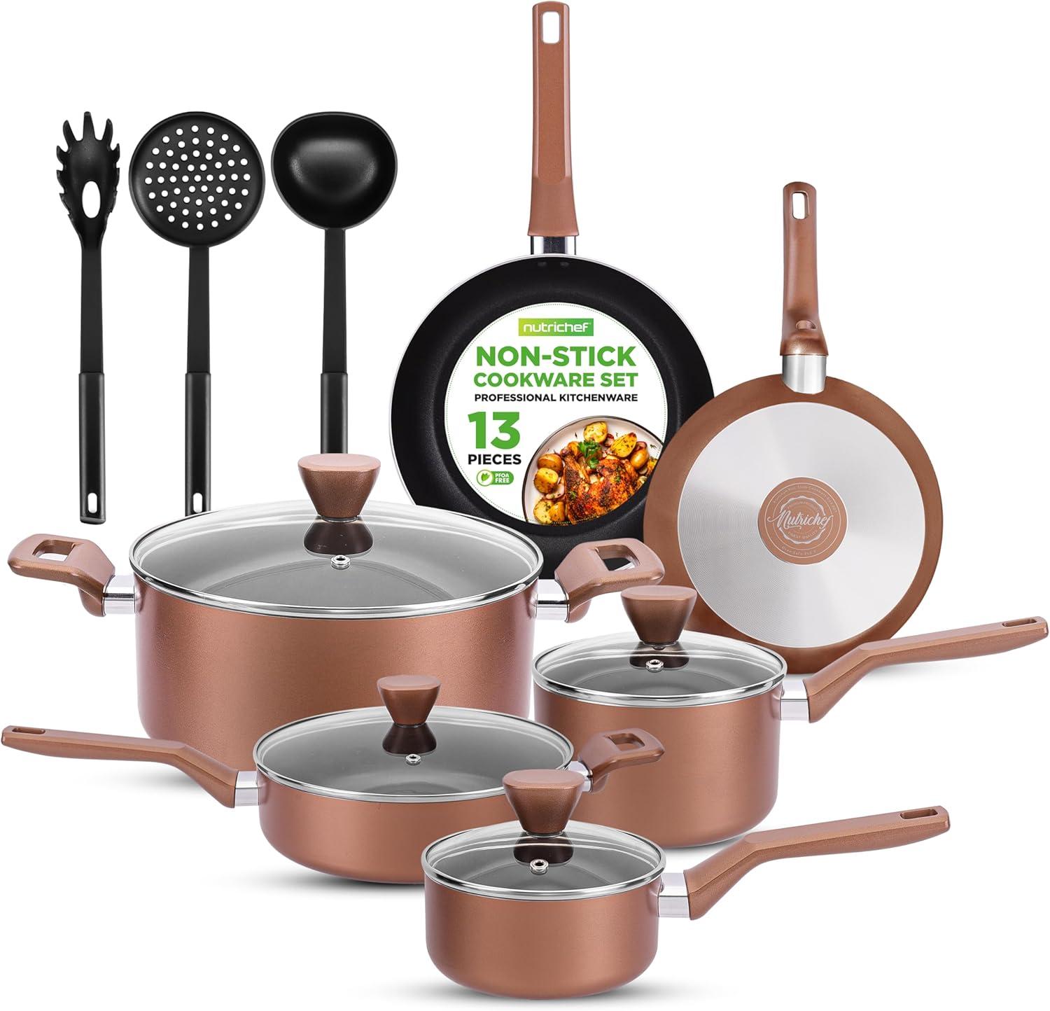 NutriChef 13-Piece Nonstick Cookware Set with Lids and Utensils - Stylish Brown