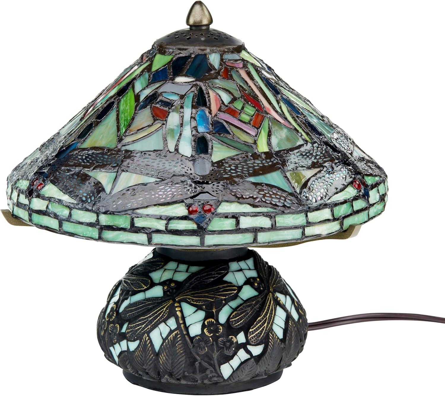 10" H Stained Glass Mini Dragonfly Table Lamp w/ Mosaic Base