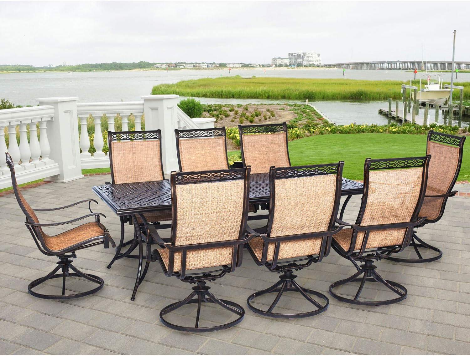 Hanover Outdoor Manor 9-Piece Outdoor Dining Set with 8 Swivel Rockers, Cedar/Bronze