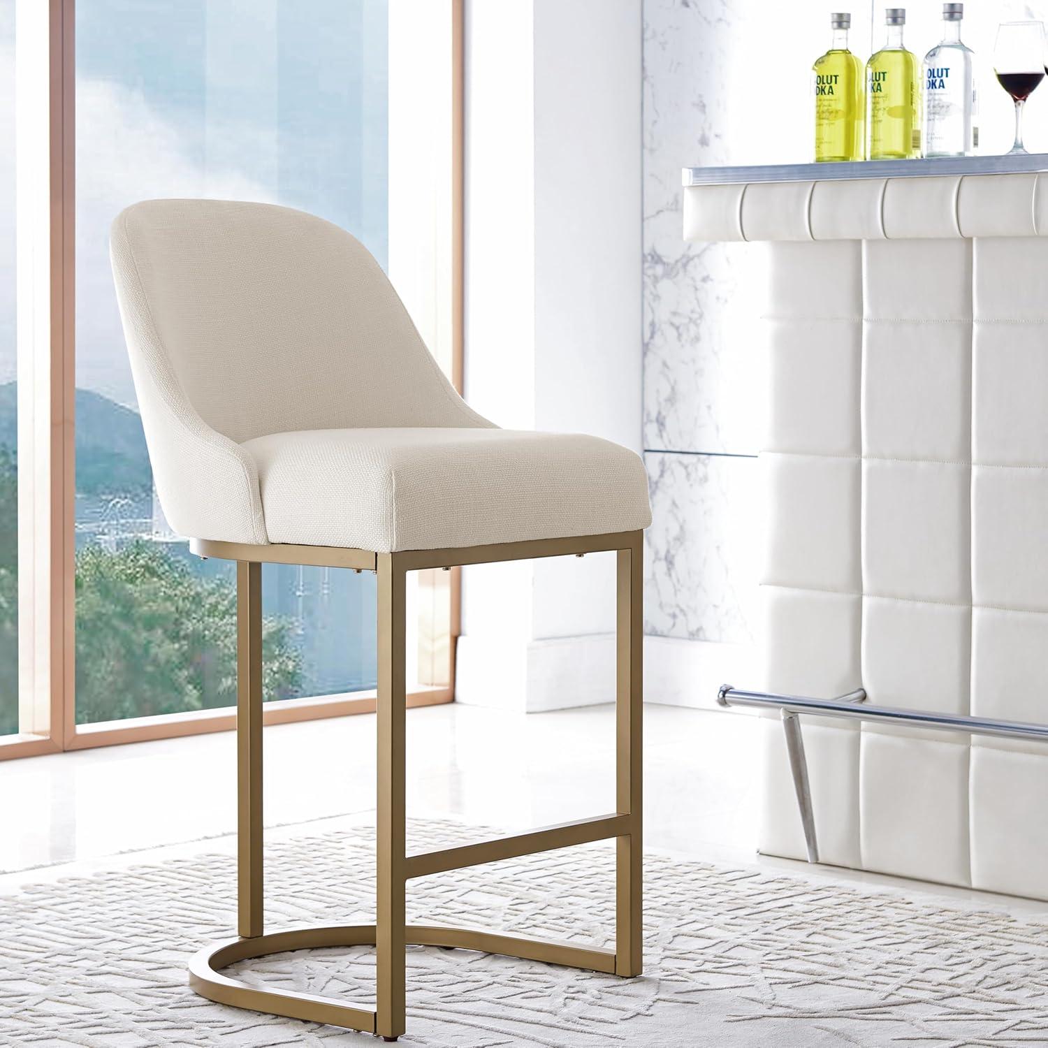 Leick Home 10132GD/WT Barrel back Counter Stool Set of 2 in White Linen Seat and Gold Metal Base