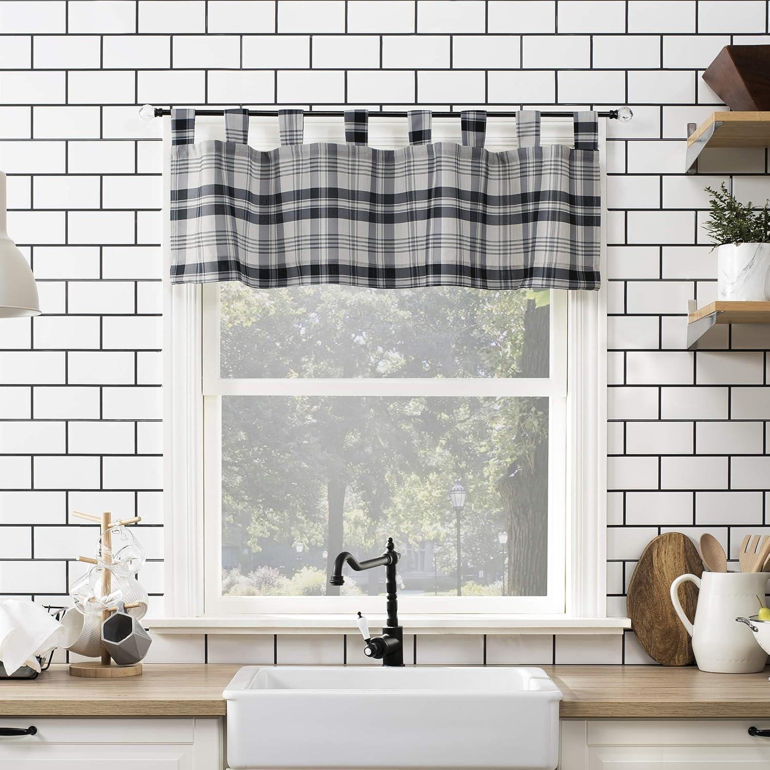 No. 918 Blair Farmhouse Plaid Semi-Sheer Tab Top Kitchen Curtains, 52"x36", Coal