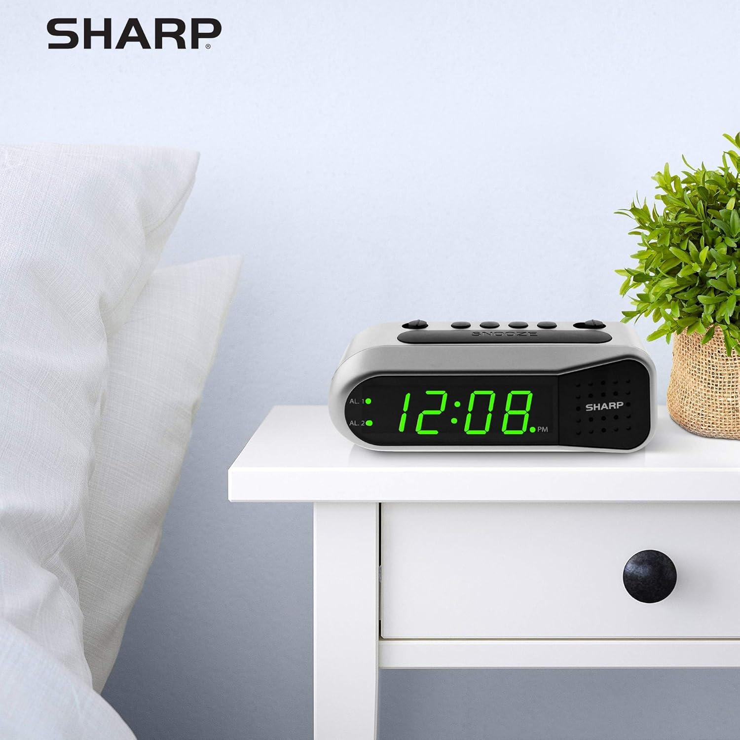 Silver Digital Alarm Clock with Dual Alarms and Battery Backup