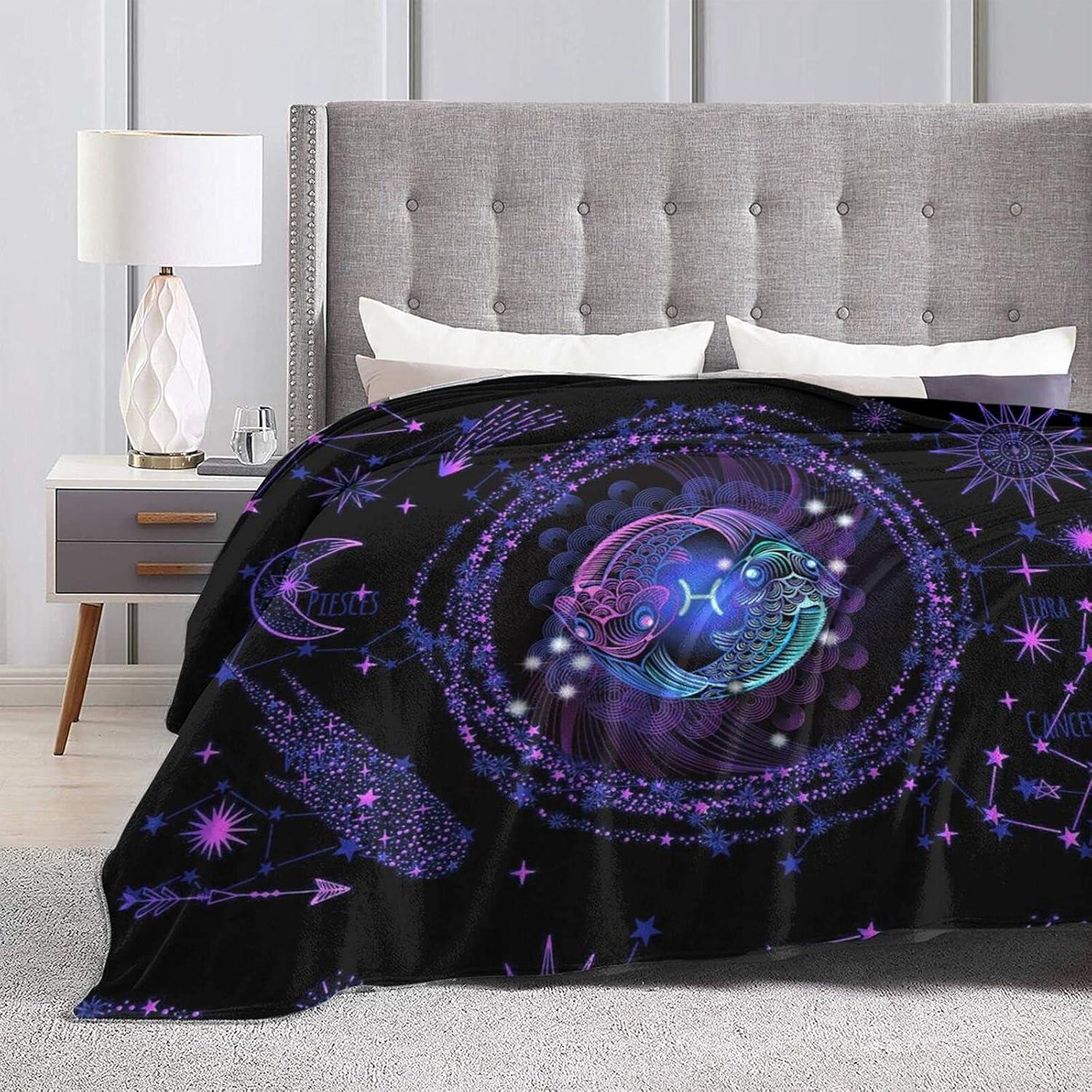 Reversible Black and Purple Constellation Fleece Throw Blanket