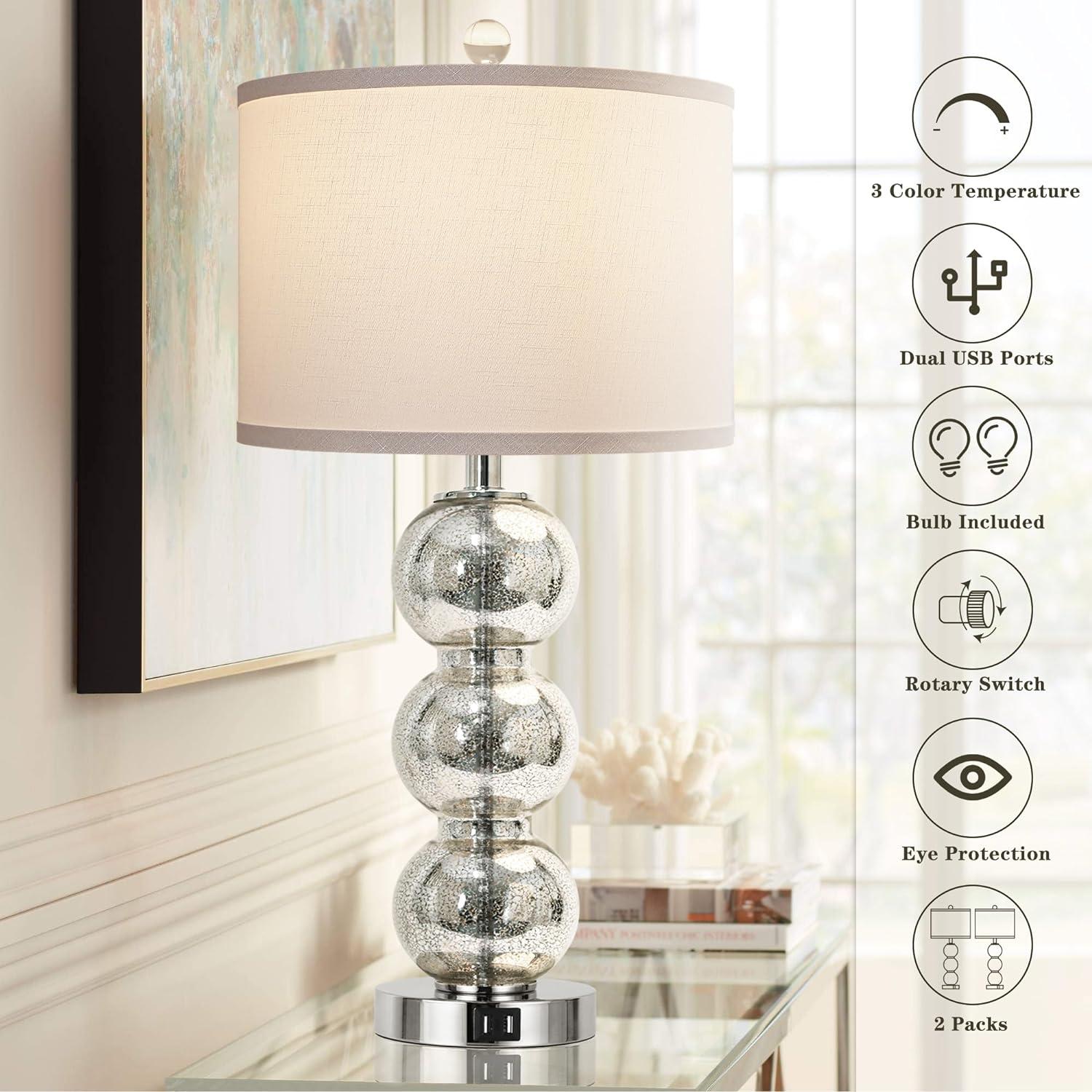Rosdorf Park Led Table Lamps Set Of 2 - Contemporary Triple Glass Sphere Design, Mercury Silver/Chrome Finish