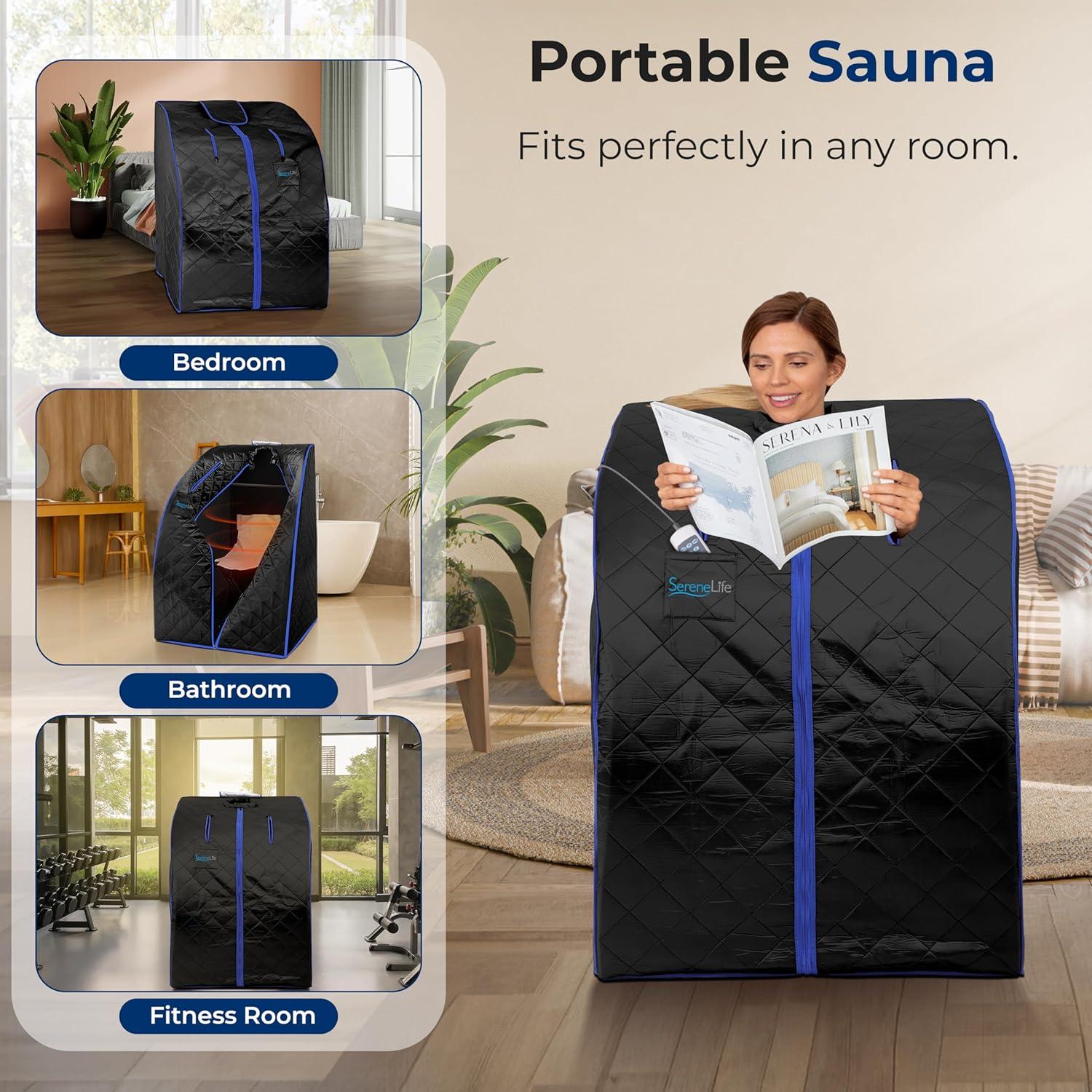 SereneLife SLISAU20BK Oversize Portable Infrared Home Spa One Person Sauna with Heating Foot Pad & Portable Chair