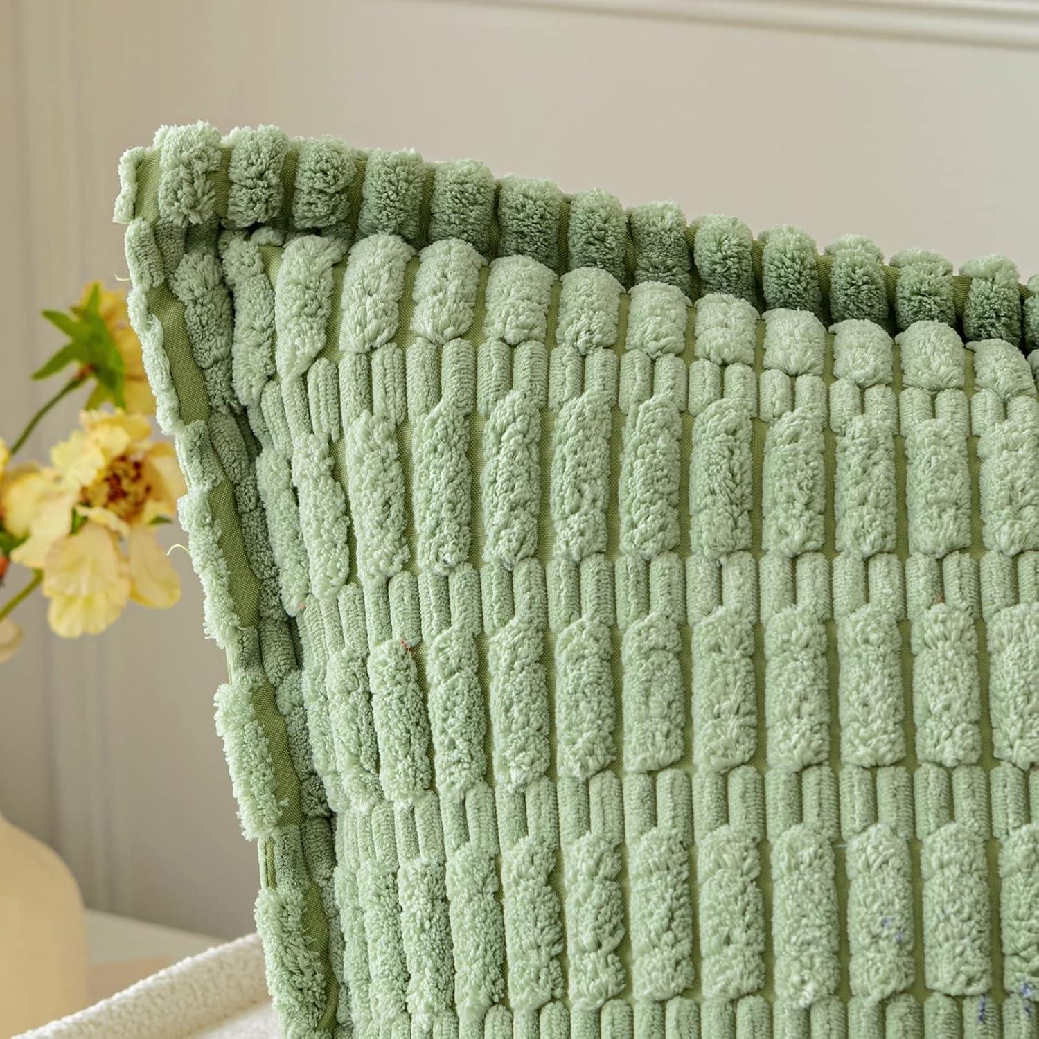 Boho Sage Green Striped Corduroy Pillow Covers - Set of 2 | Farmhouse Rectangle Cushion Cases for Sofa Couch Bed | Soft Decorative Throw Pillowcases - 12x20 Inch Home Decor