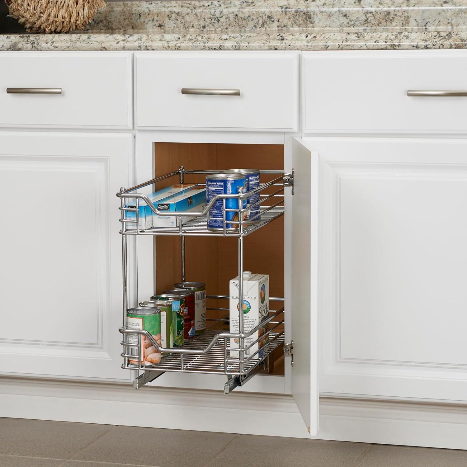 Household Essentials Glidez Multipurpose Chrome-Plated Steel Pull-Out/Slide-Out Storage Organizer for Under Cabinet Use - 2-Tier Design - Fits Standard Size Cabinet or Shelf, Chrome