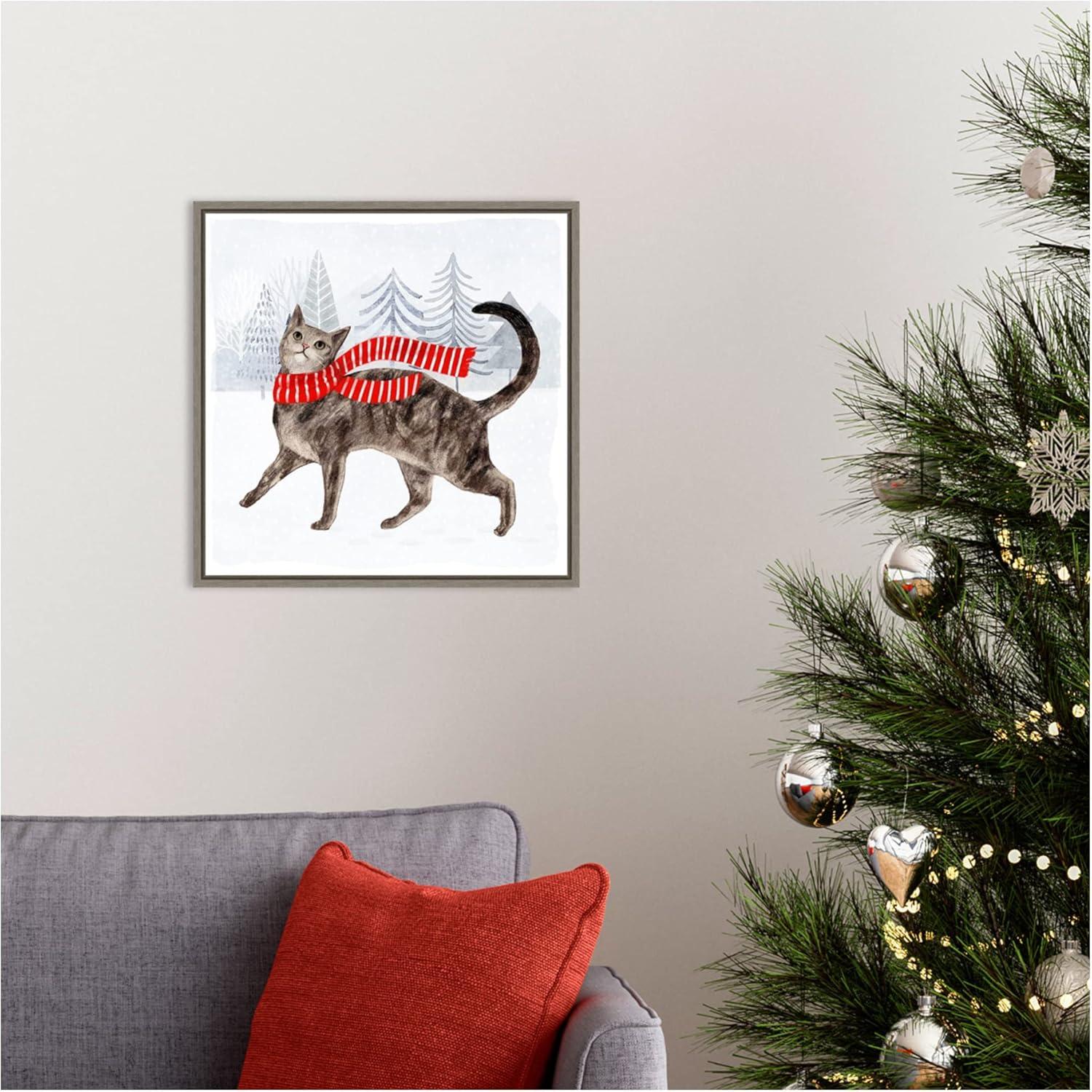 Christmas Cats and Dogs Canvas Print with Grey Frame