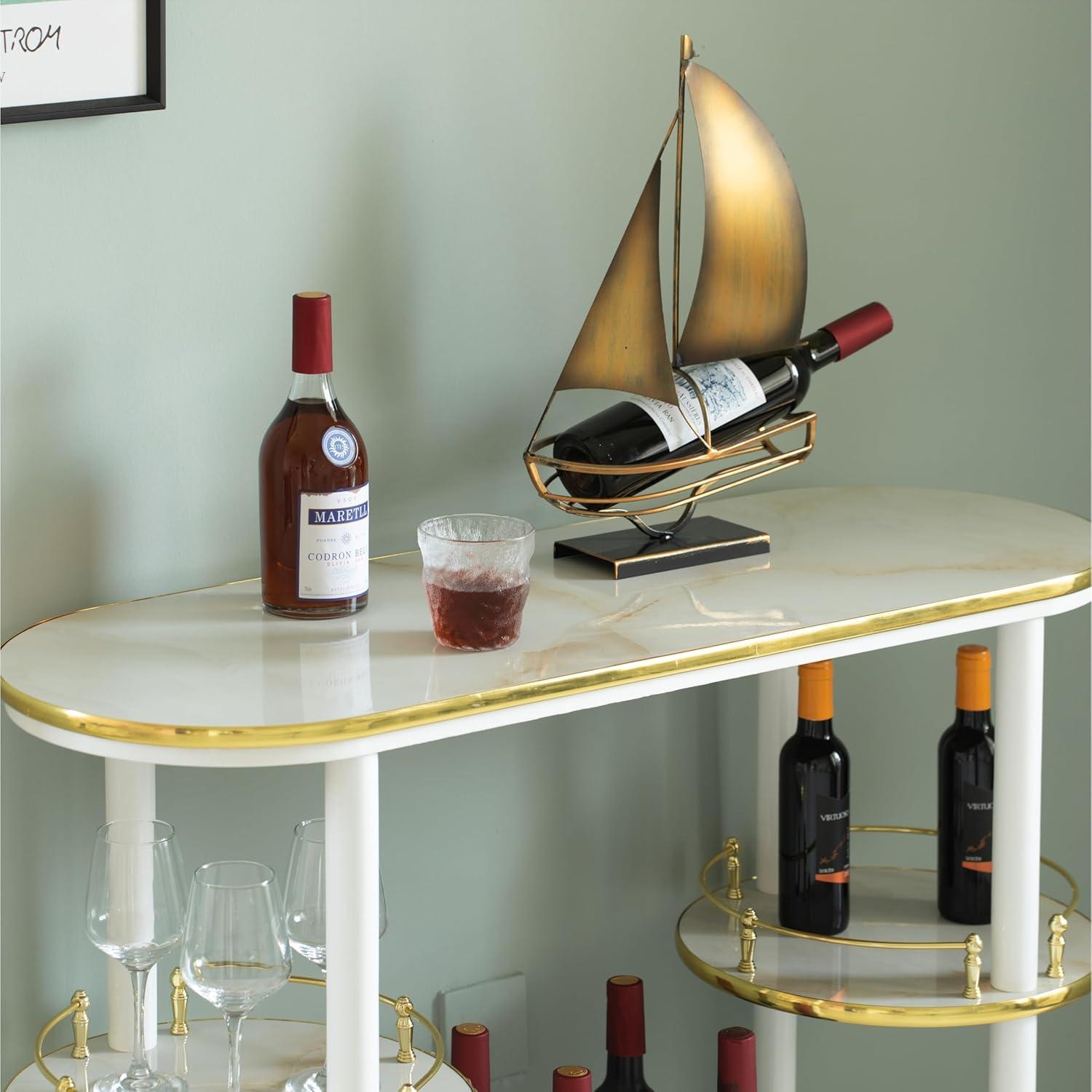 Sleek Brown Wooden Console Bar with Tiered Shelving and Wine Storage