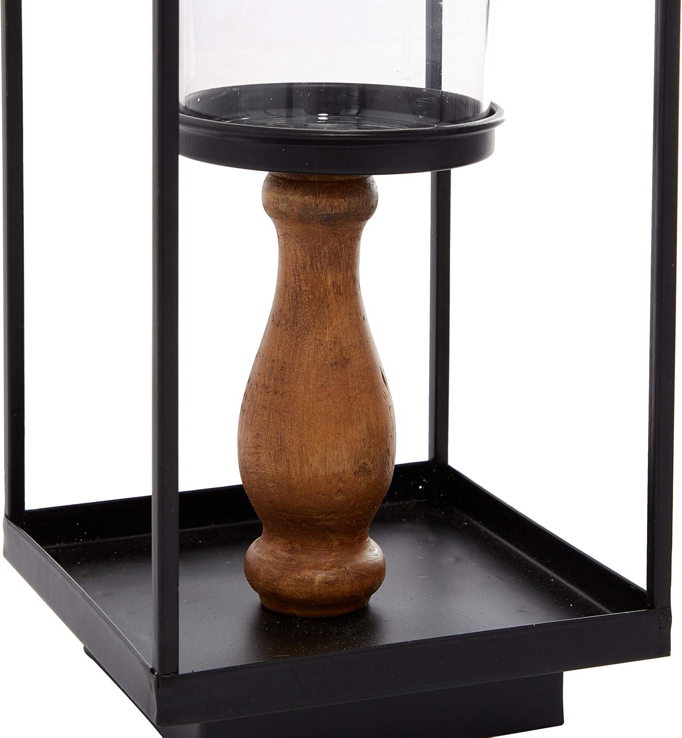 Rustic Black Iron and Wood Lantern Candle Holders, Set of 2