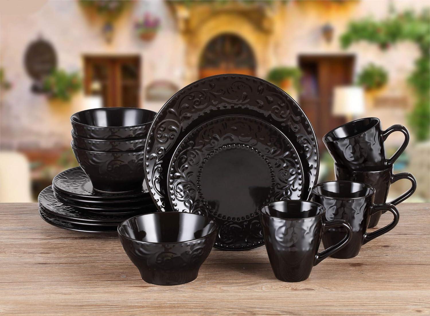 Black Embossed Ceramic 16-Piece Dinnerware Set