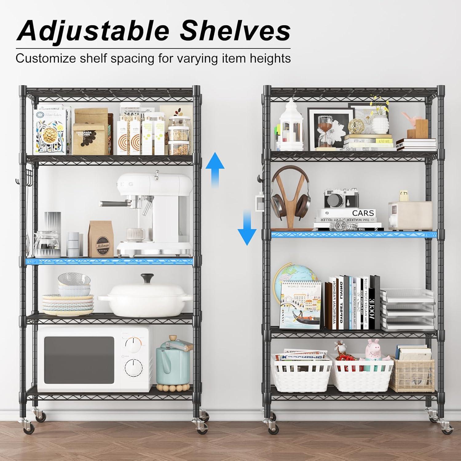 Black 5-Tier Adjustable Metal Wire Shelving Unit with Wheels