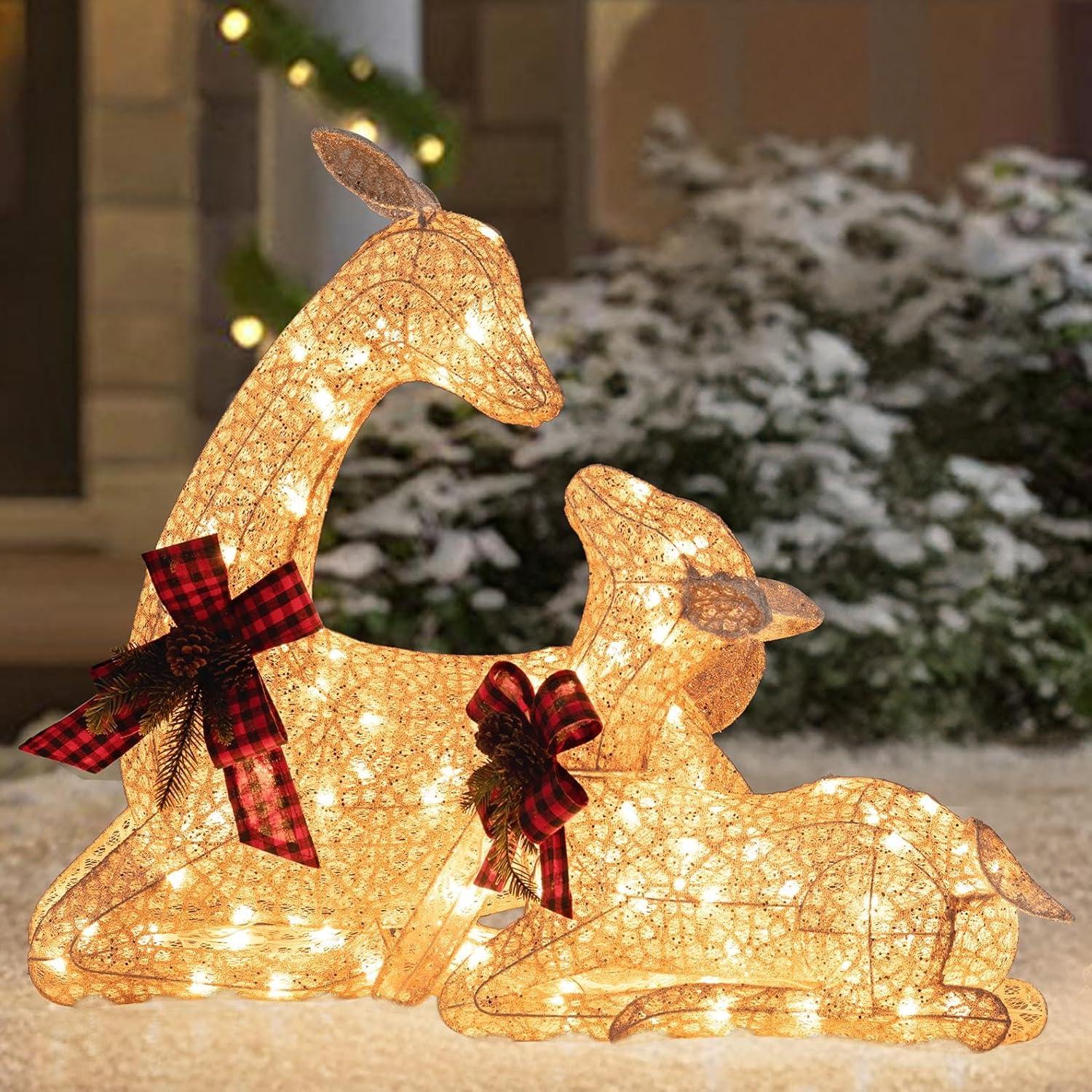 Sunjoy 2-Piece Lighted Lying Deer with Red Bows