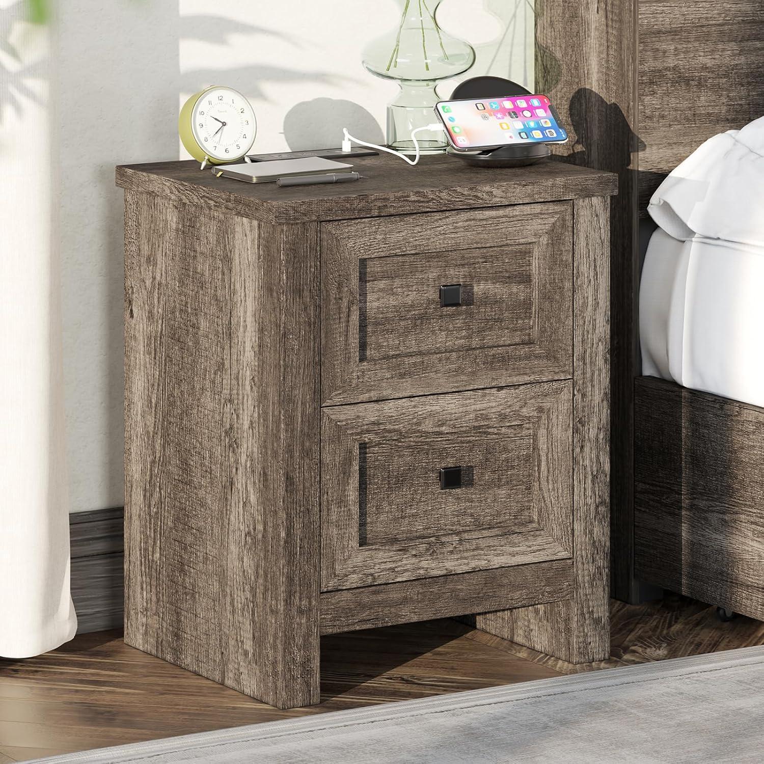 Merluxy Nightstand Set of 2 with Charging Station, Wood End Table with 2 Drawers Storage Cabinet Grey