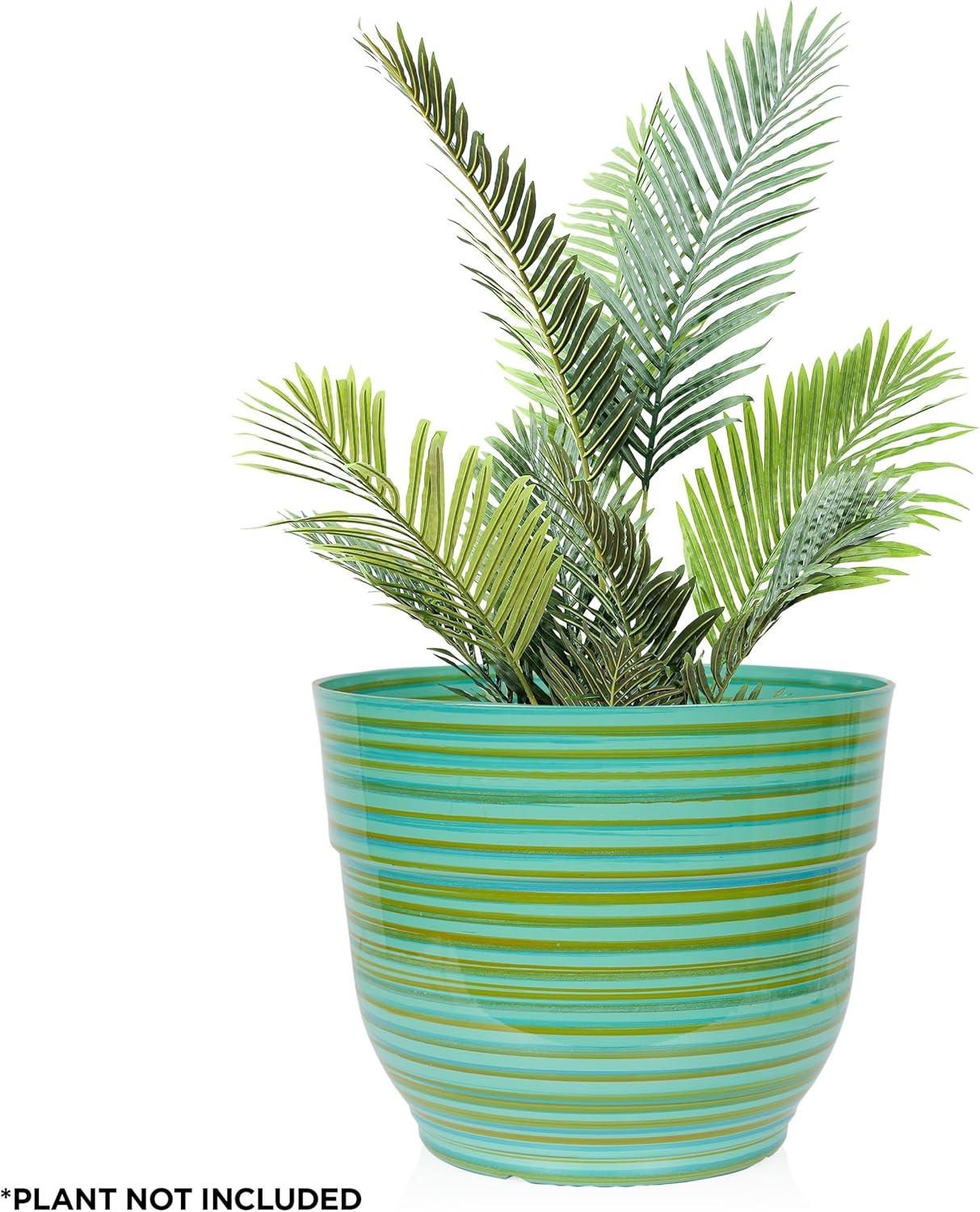 Alpine Corporation Glossy Striped Indoor Outdoor Planter with Drainage Hole Turquoise 13"x13"x11": Polypropylene, Freestanding