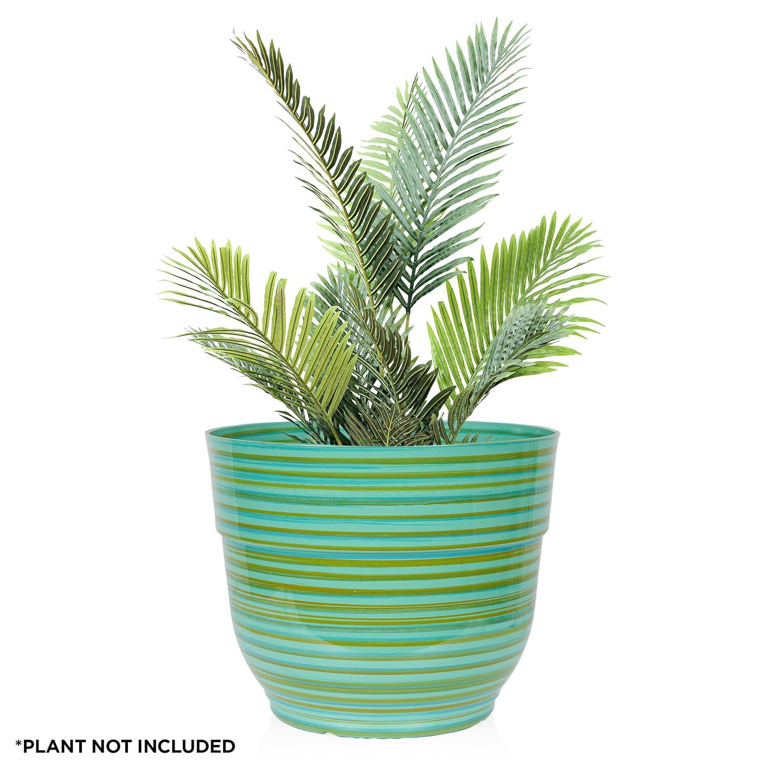 Alpine Corporation Glossy Striped Indoor Outdoor Planter with Drainage Hole Turquoise 13"x13"x11": Polypropylene, Freestanding