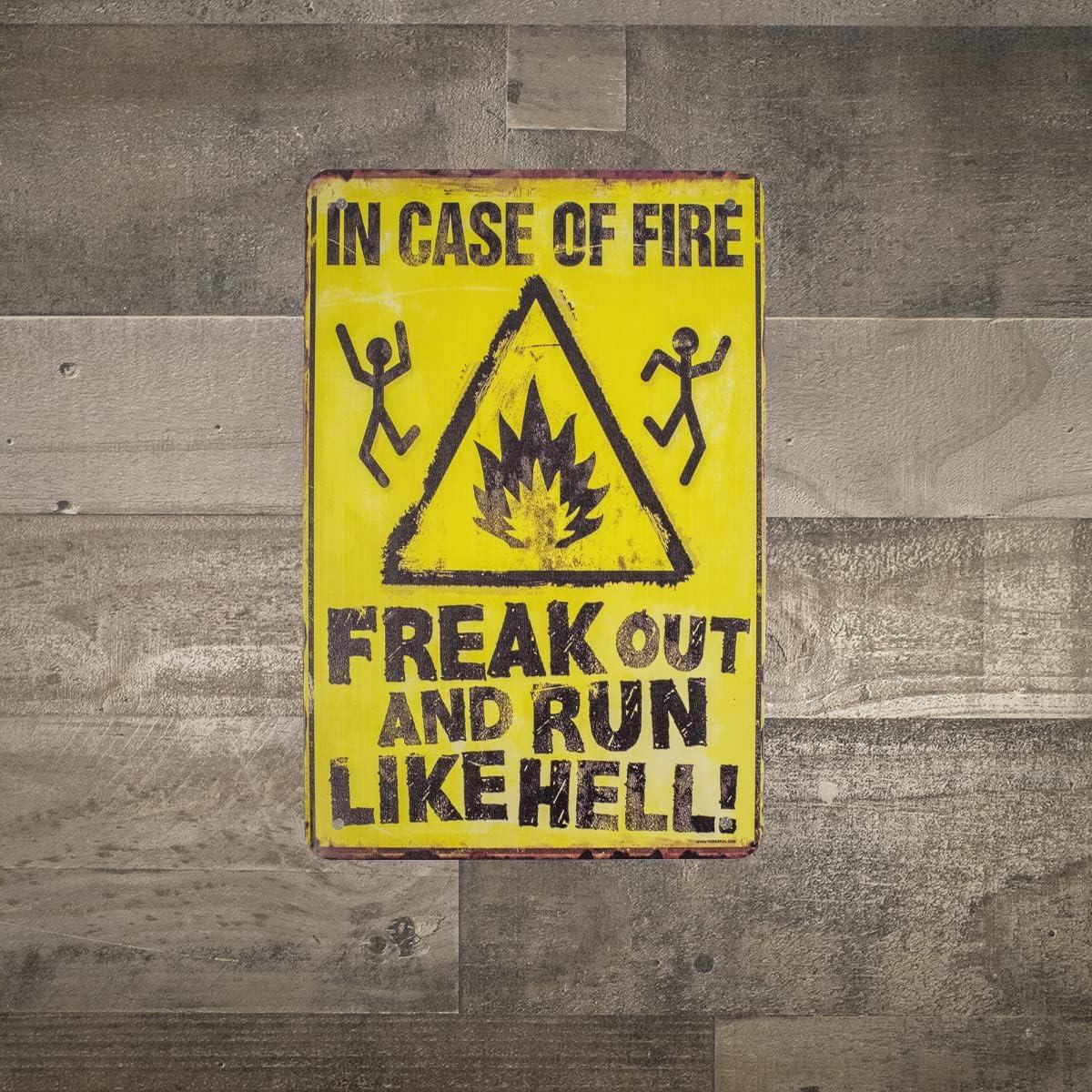 Funny In Case of Fire Freak Out & Run Like Hell Metal Warning Sign Novelty Caution Garage Man Cave Decor